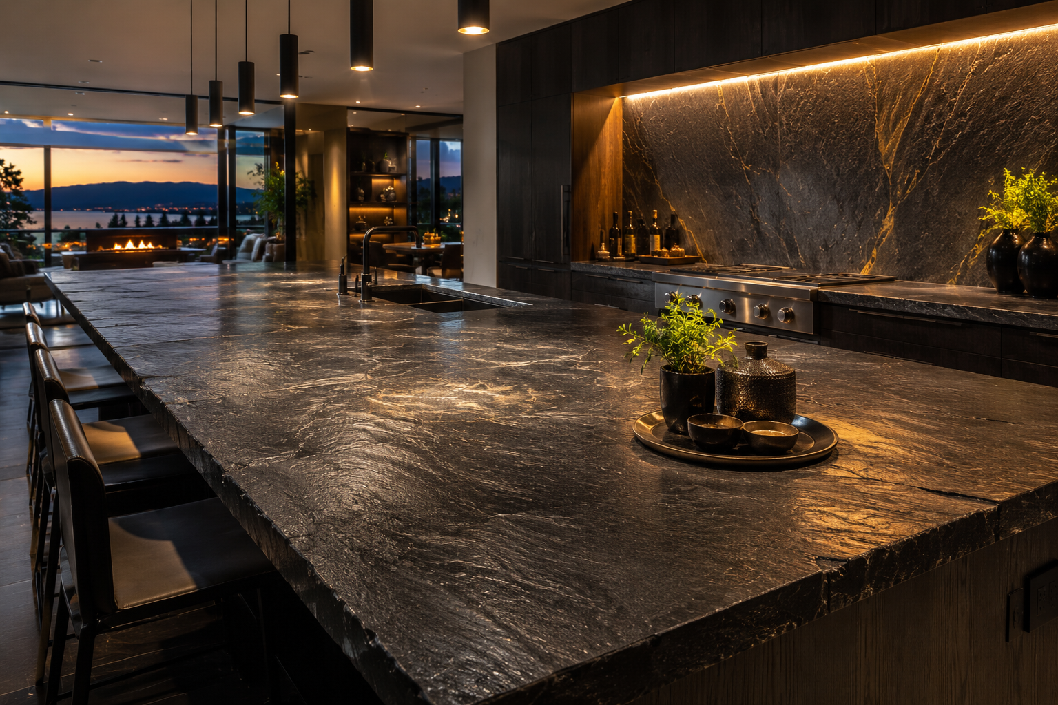 Luxury slate countertop restoration by Mr. Marble and Stone, reviving the natural beauty, texture, and appearance of slate surfaces in Vancouver and Los Angeles.