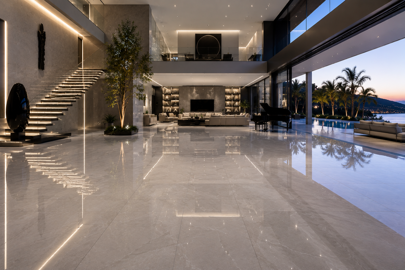Porcelain floor polishing by Mr. Marble & Stone in Vancouver and Los Angeles.