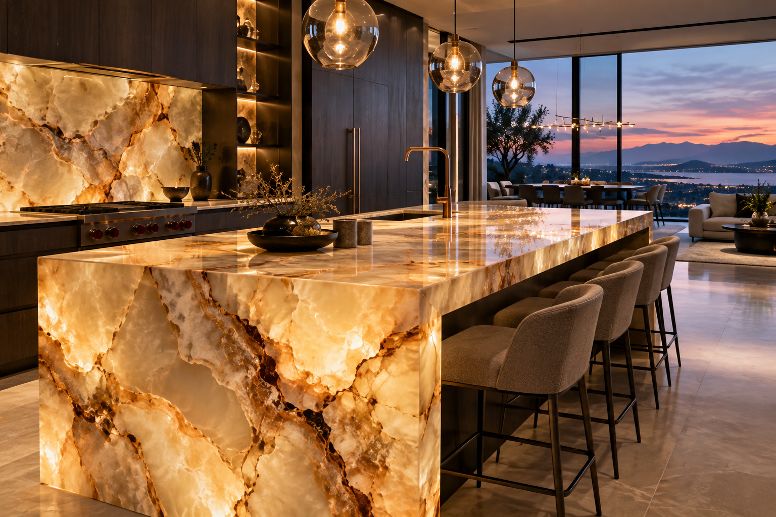 Mr. Marble and Stone onyx countertop installation in Vancouver and Los Angeles, featuring natural veining and a luxurious polished finish.