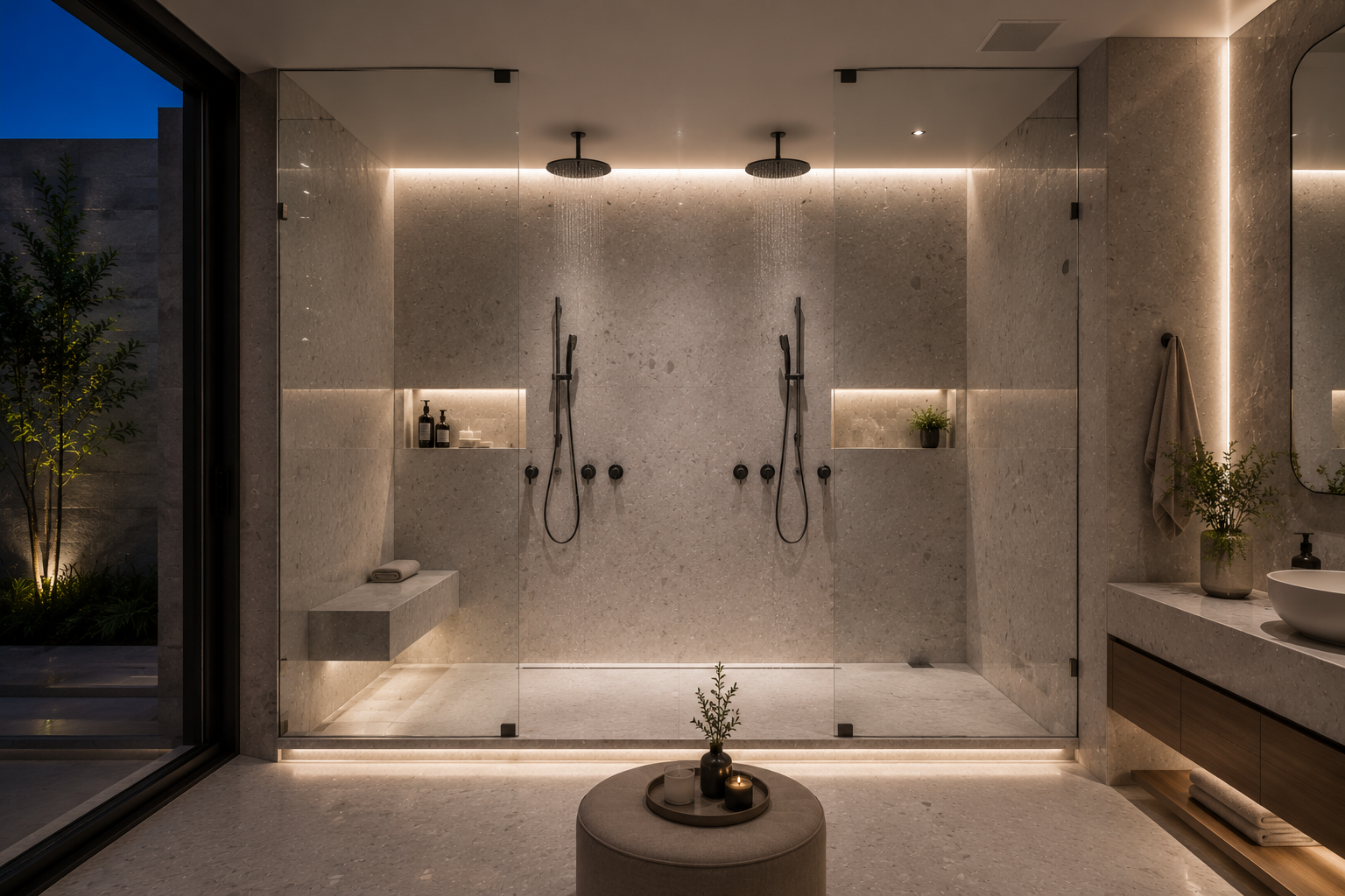 Engineered stone shower polishing by Mr. Marble and Stone in luxury Vancouver and Los Angeles homes.