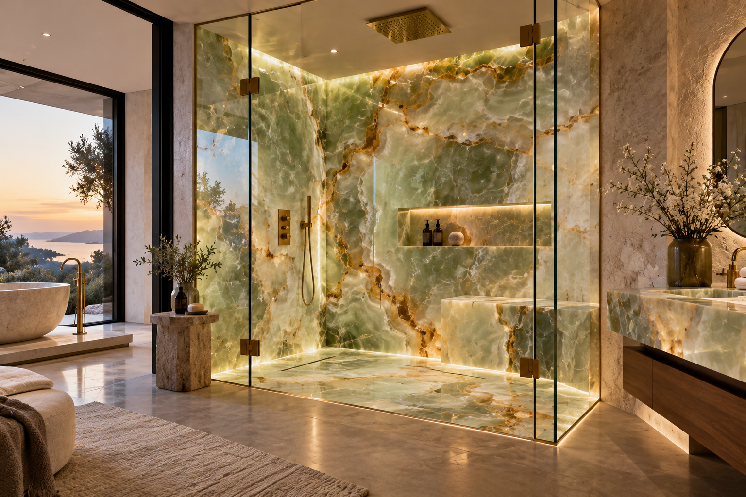 Mr. Marble and Stone onyx shower installation in Vancouver and Los Angeles, featuring elegant veining and a luxurious polished finish.