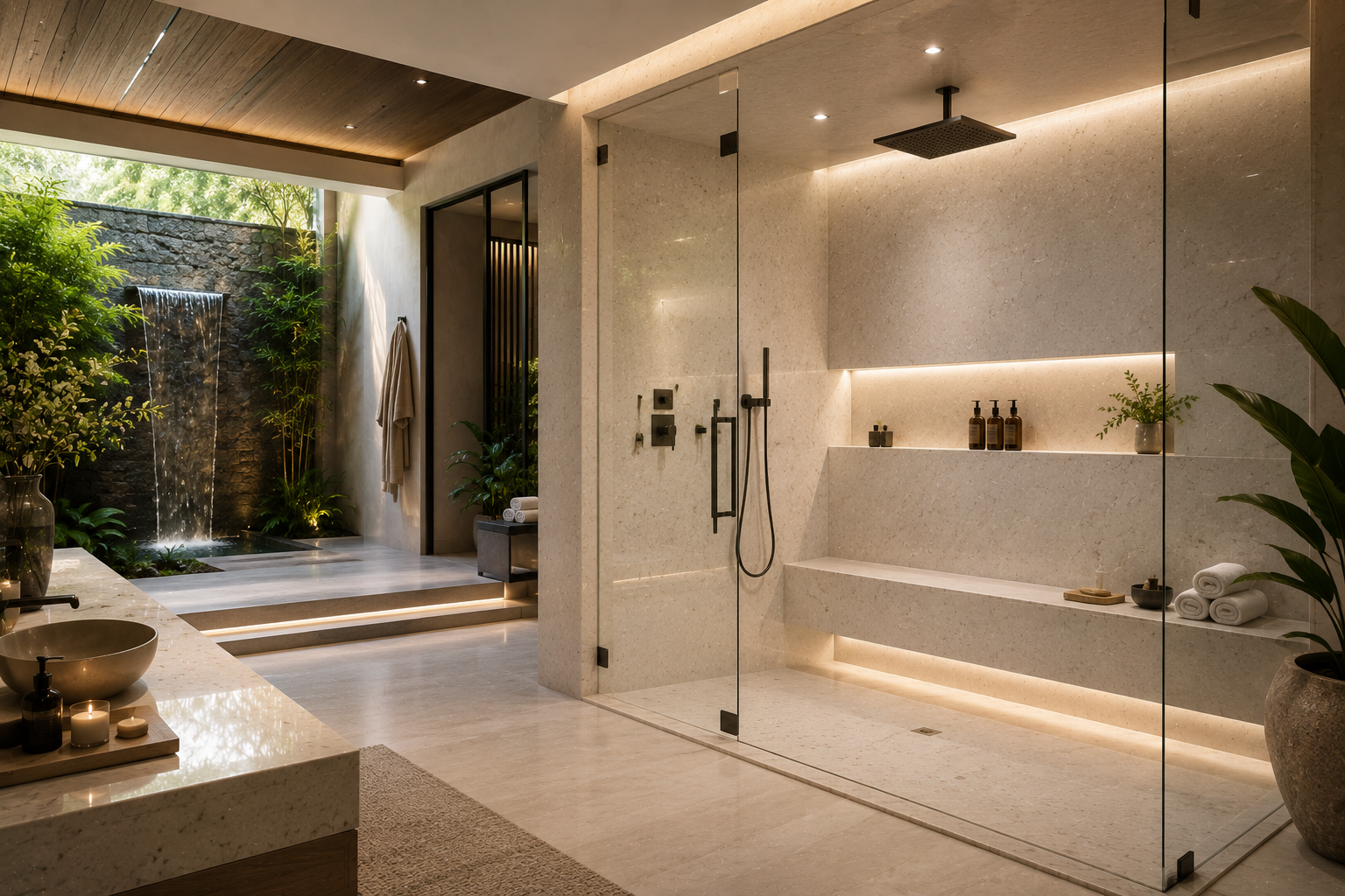Mr. Marble and Stone quartz shower restoration in a luxury spa-style mega mansion in Los Angeles, California and Vancouver, British Columbia.
