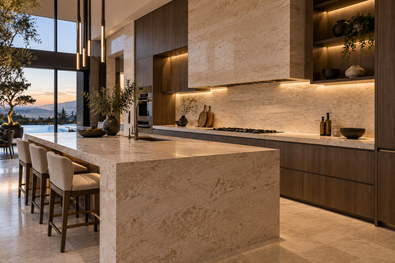 Limestone backsplash installation by Mr. Marble & Stone in Vancouver and Los Angeles, featuring custom natural limestone backsplash detailing for an elegant, durable kitchen design.