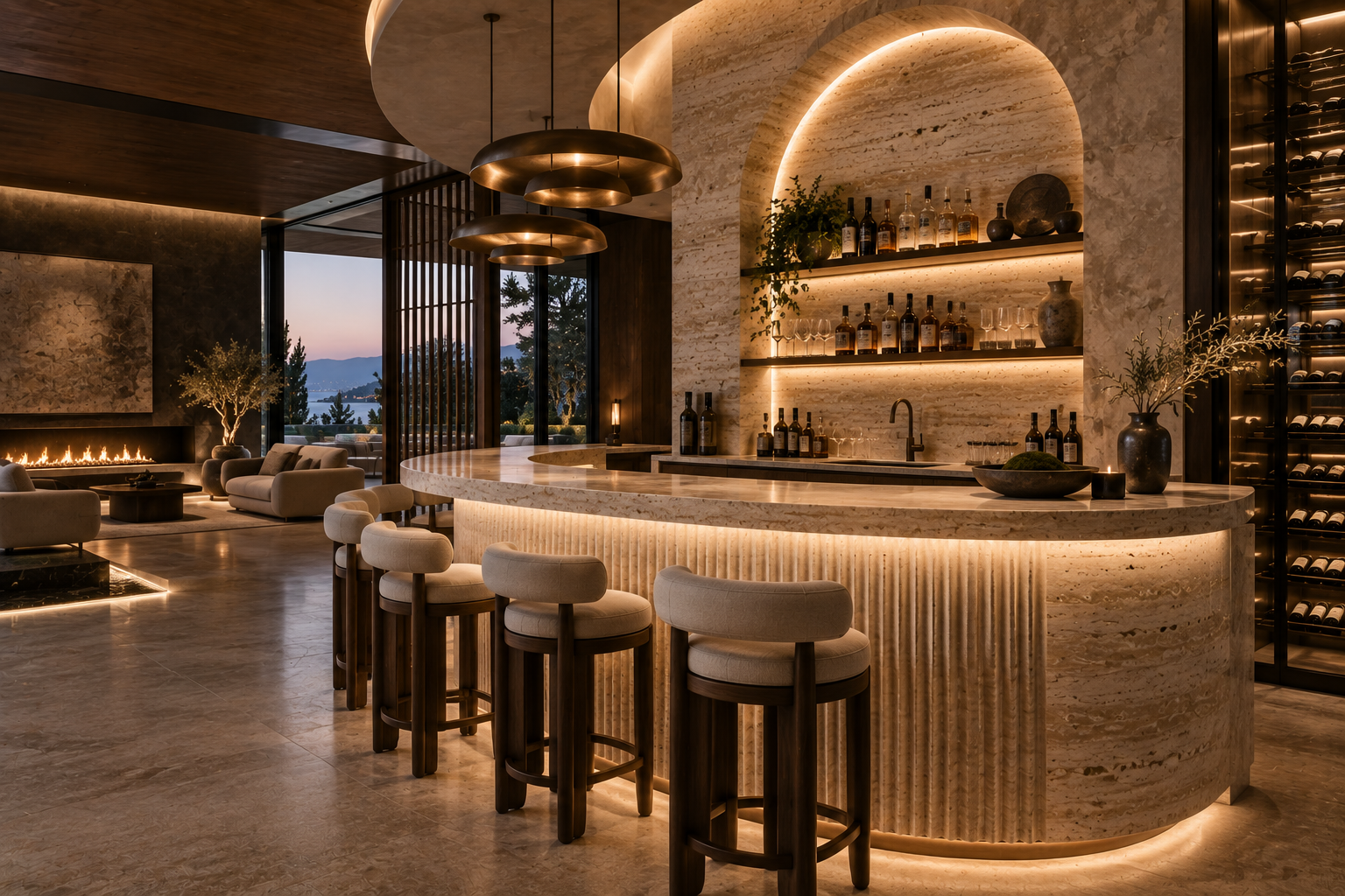 Travertine bar installation in Vancouver and Los Angeles, featuring custom travertine bar tops, stone edging, raised counters, backsplash detailing, and precision slab fabrication by Mr. Marble & Stone..