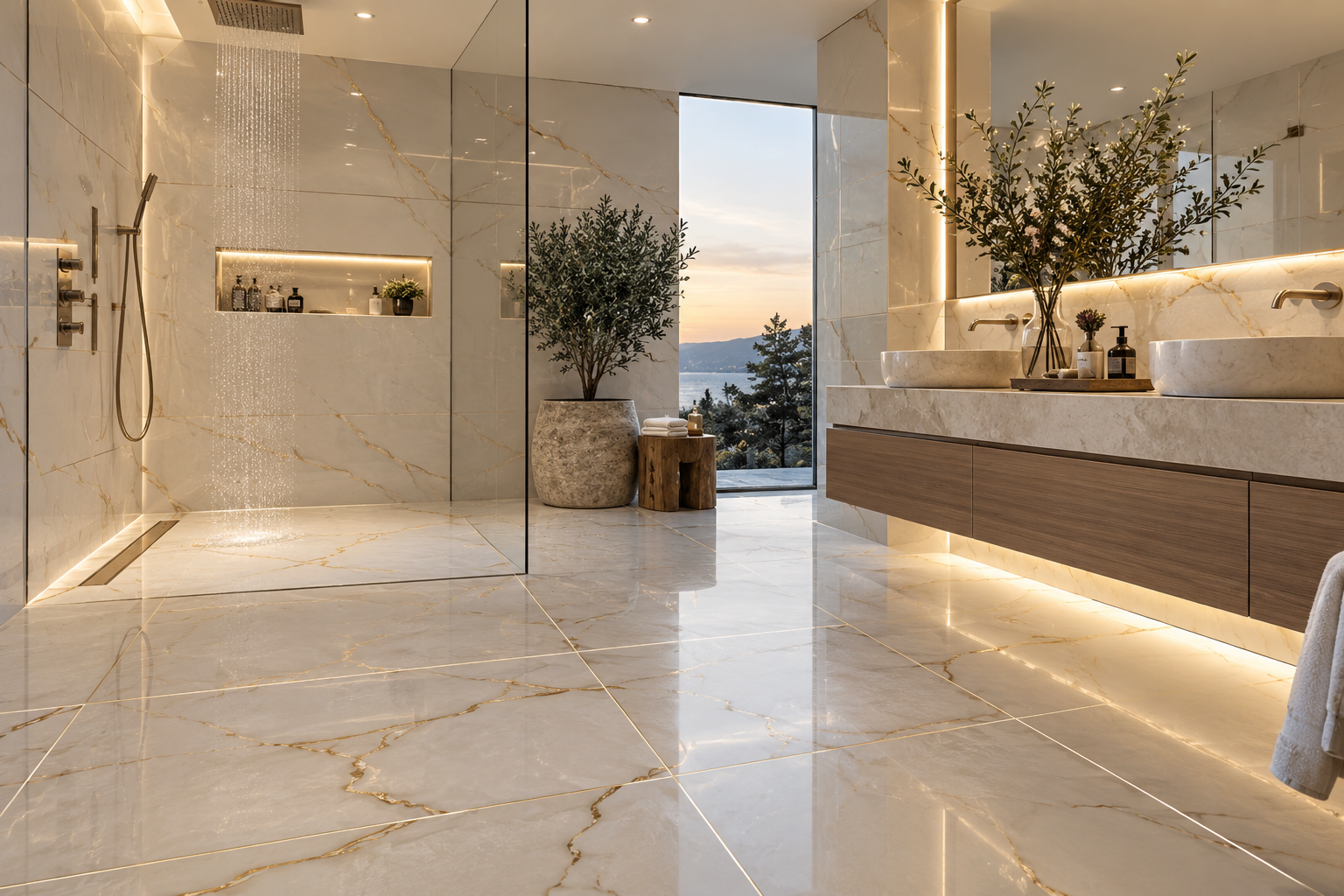 High-end modern bathroom featuring seamless epoxy grout installation on luxury shower walls and floor tiles, delivering a waterproof, stain-resistant and low-maintenance finish by Mr. Marble and Stone in Vancouver and Los Angeles.
