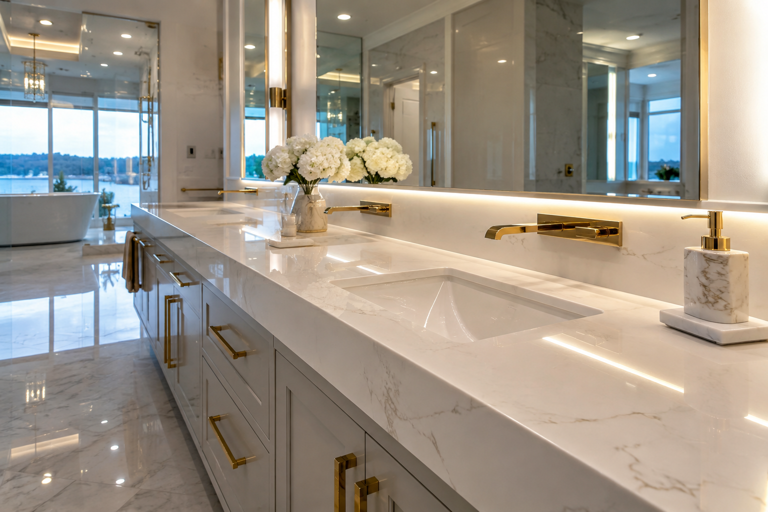 Mr. Marble and Stone quartz countertop sealing and protective treatment for luxury homes in Los Angeles, California and Vancouver, British Columbia.