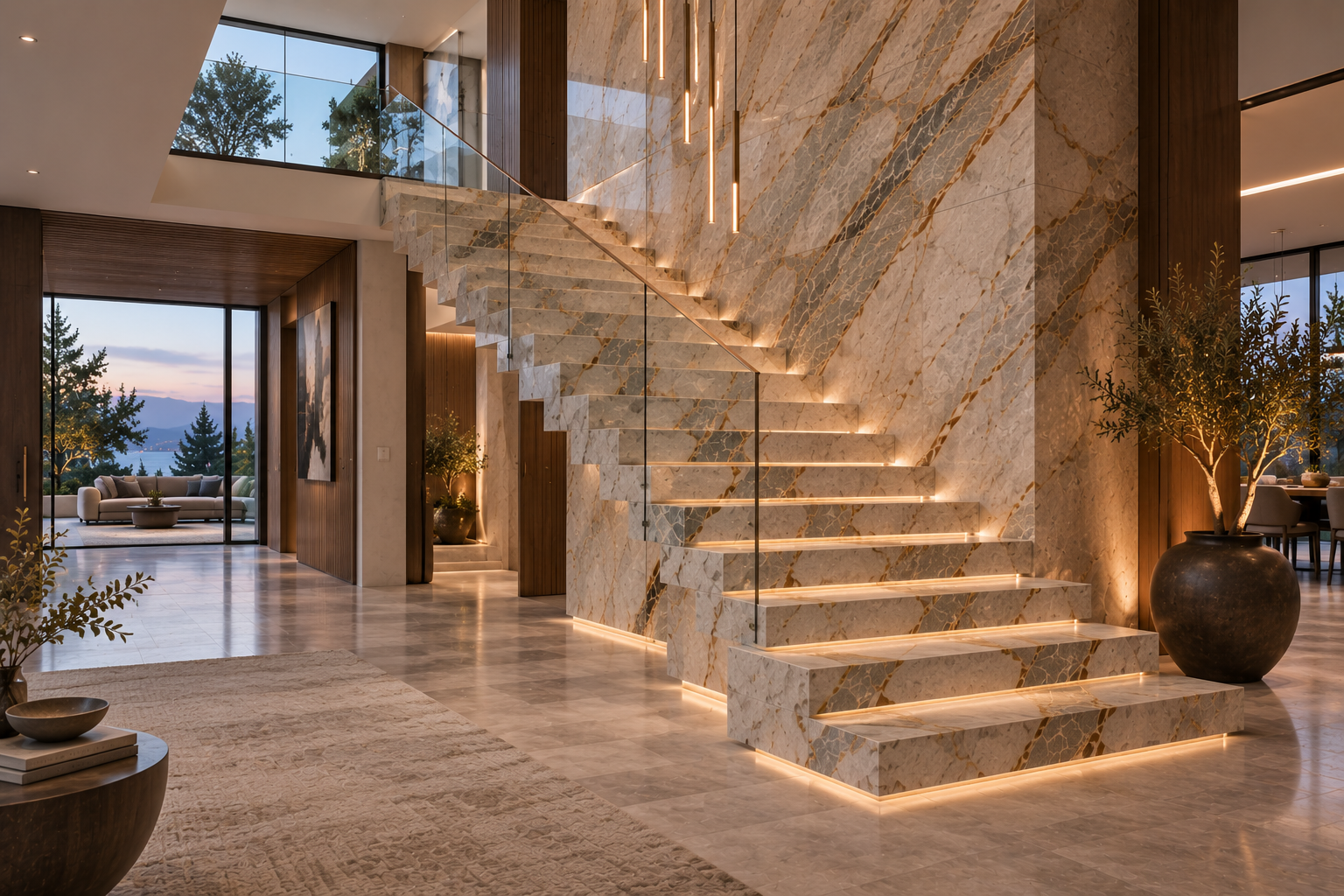 Luxury quartzite staircase installation by Mr. Marble and Stone, serving Vancouver and Los Angeles with premium quartzite staircases, custom-cut quartzite steps, natural quartzite stonework, and architectural quartzite design.
