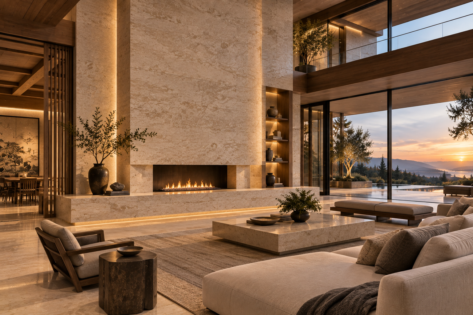 Limestone fireplace installation by Mr. Marble & Stone in Vancouver and Los Angeles, featuring custom natural limestone fireplace surrounds and precision stonework for a refined, modern interior.
