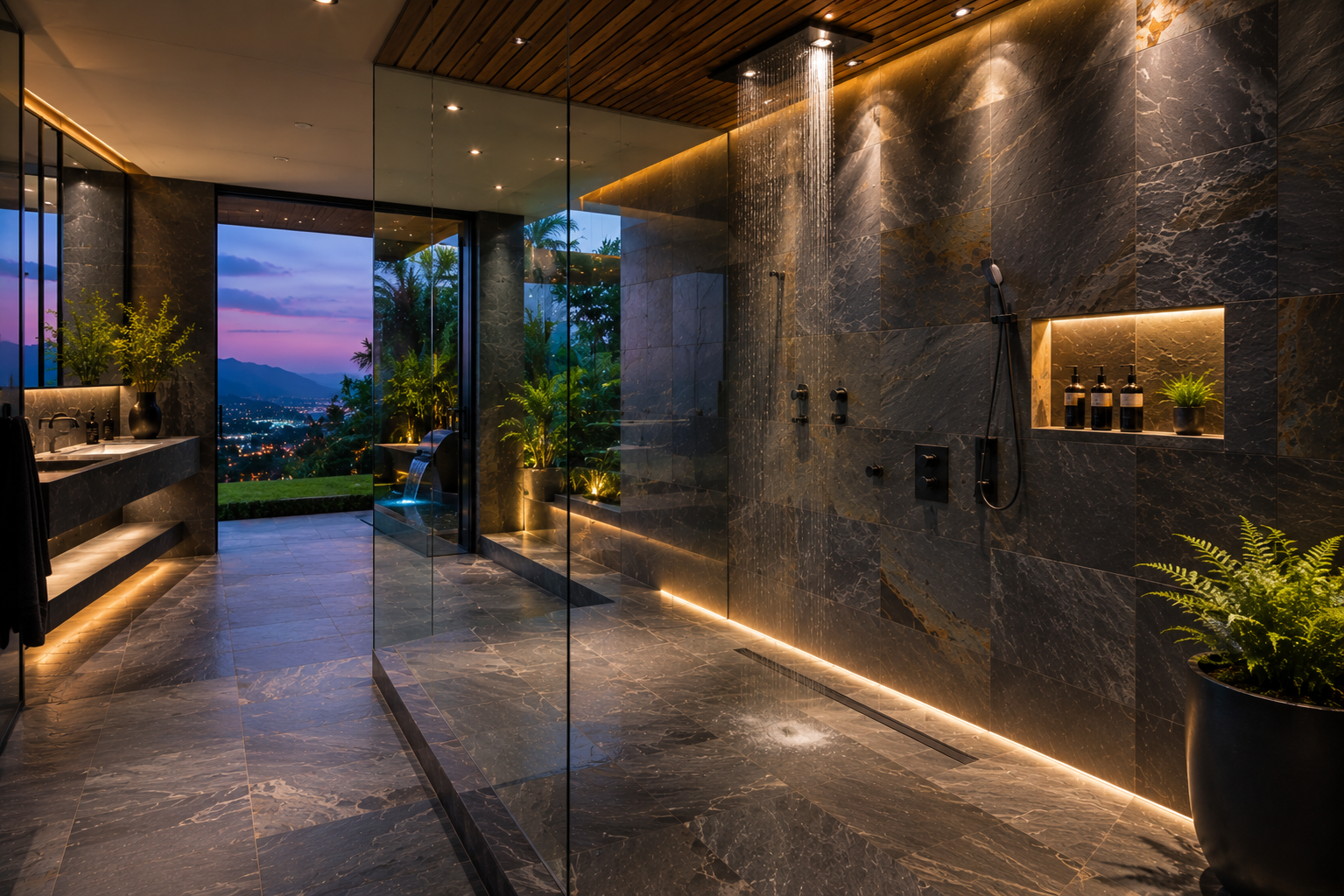 Luxury slate shower polishing by Mr. Marble and Stone, enhancing the natural colour, depth, and refined finish of slate shower surfaces in Vancouver and Los Angeles.