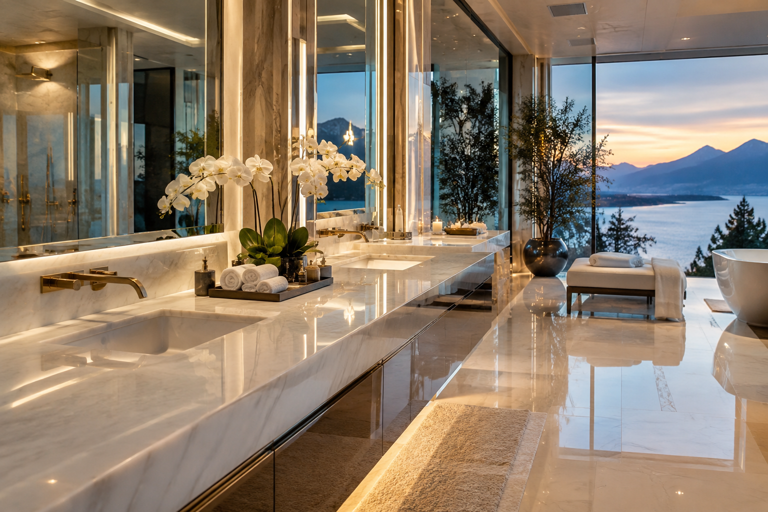 Luxury quartz vanity polishing by Mr. Marble and Stone in Vancouver & Los Angeles, restoring a refined, high-end finish to premium bathroom quartz surfaces.
