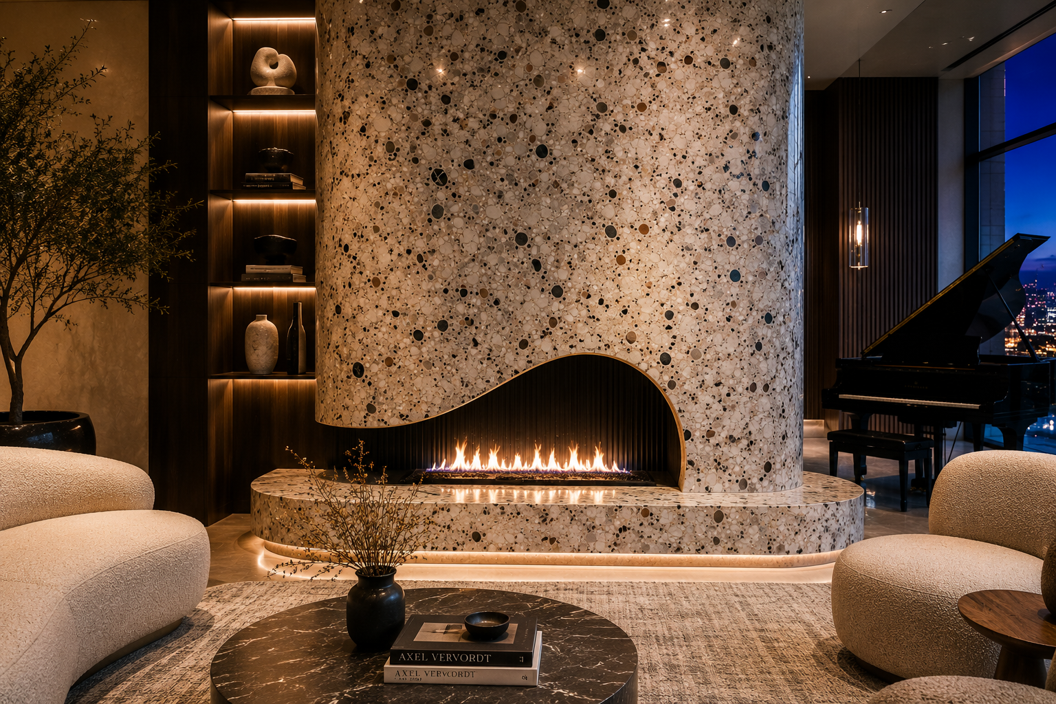 Terrazzo fireplace restoration, terrazzo fireplace cleaning, terrazzo fireplace polishing, and terrazzo fireplace sealing by Mr. Marble and Stone in Vancouver and Los Angeles.