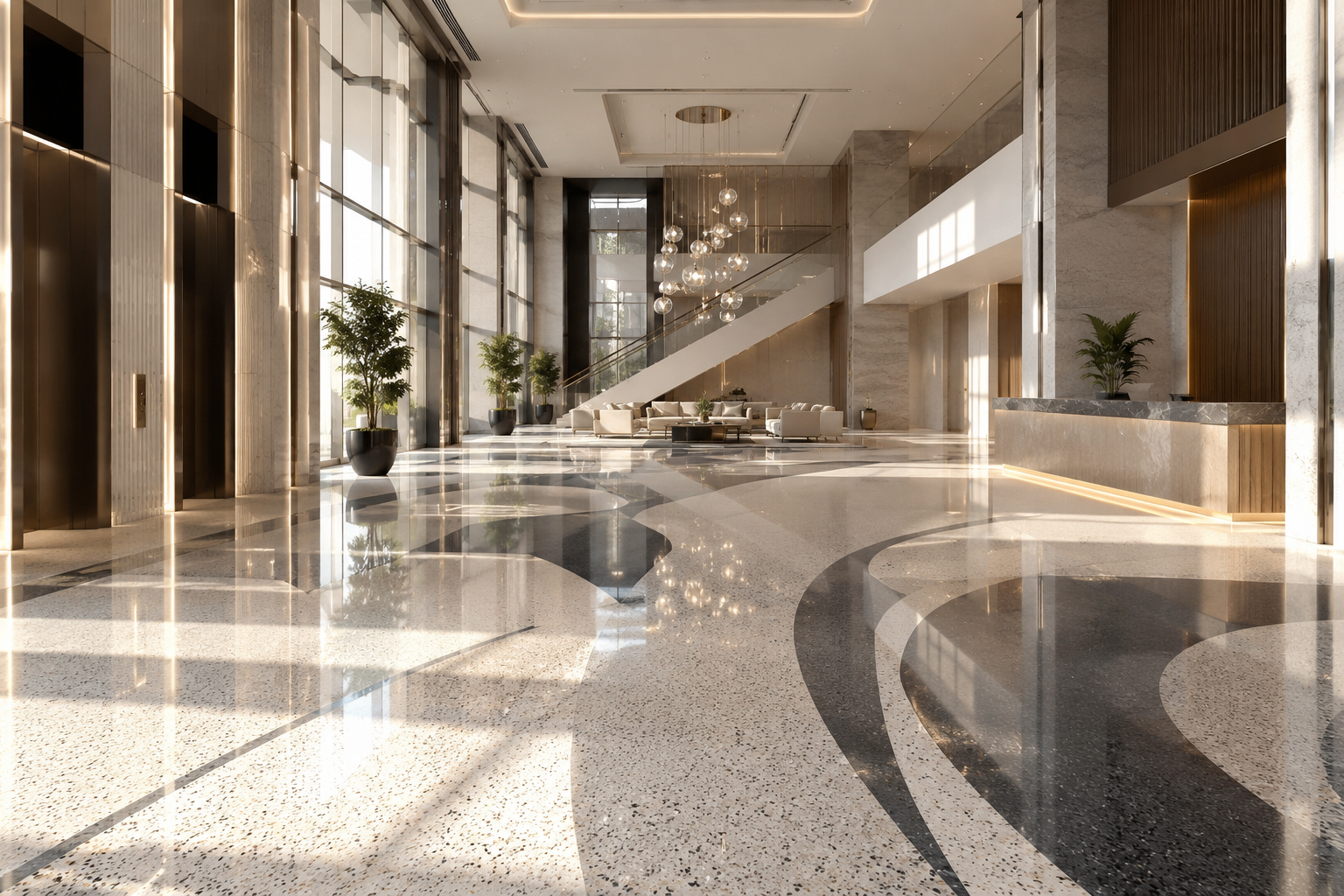 Commercial terrazzo restoration, commercial terrazzo cleaning, commercial terrazzo polishing, and commercial terrazzo sealing by Mr. Marble and Stone in Vancouver and Los Angeles.