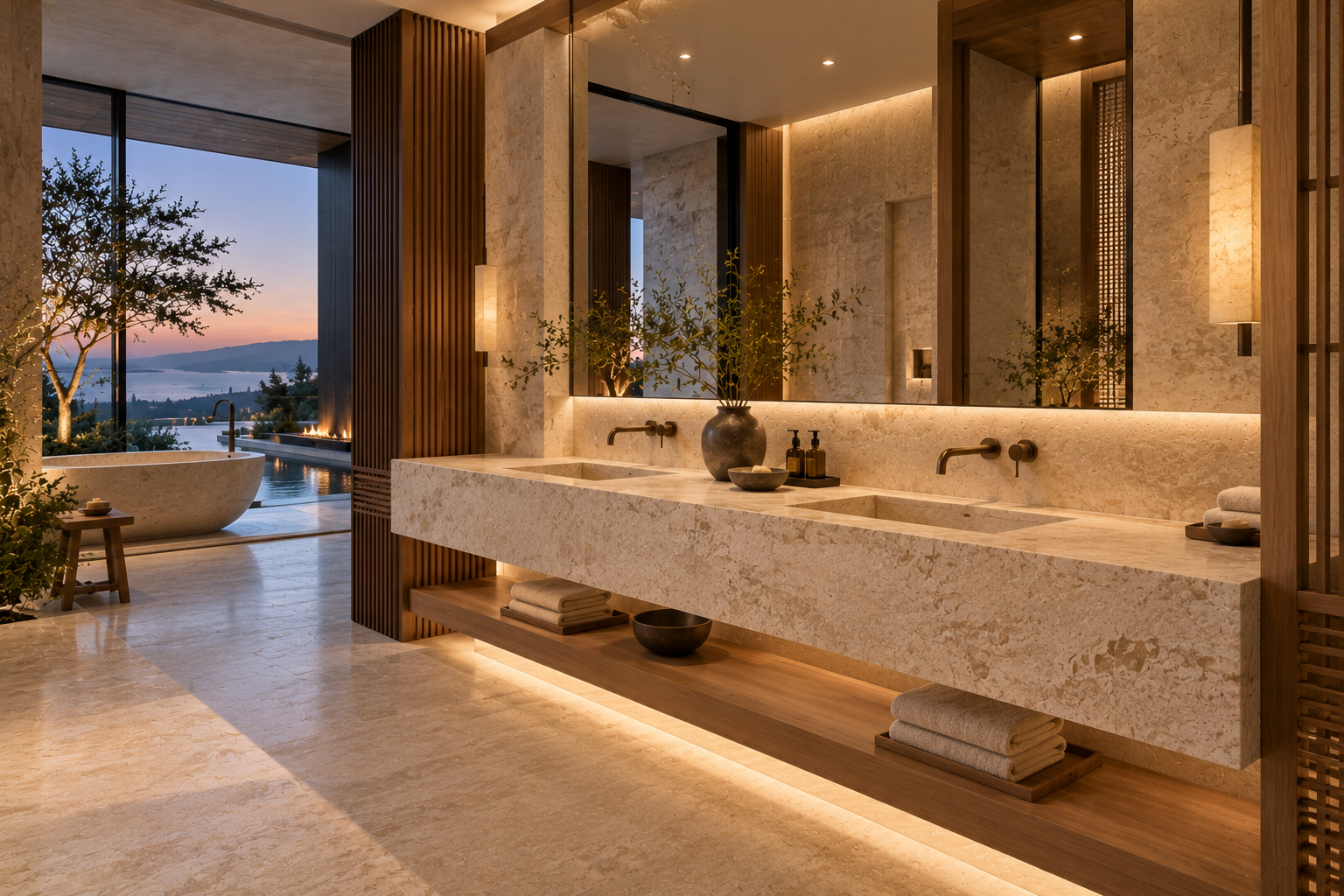 Limestone vanity installation by Mr. Marble & Stone in Vancouver and Los Angeles, featuring custom natural limestone vanities with precision fabrication and a luxury bathroom finish.