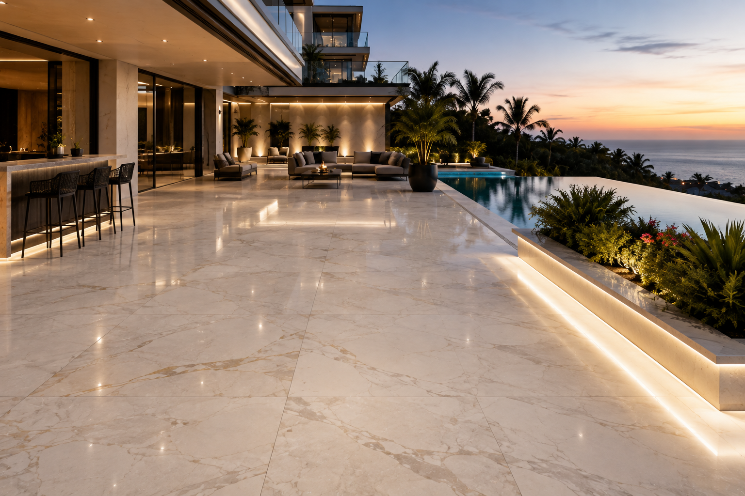 Luxury quartz exterior and patio restoration at a modern mega-mansion by Mr. Marble and Stone in Vancouver and Los Angeles.