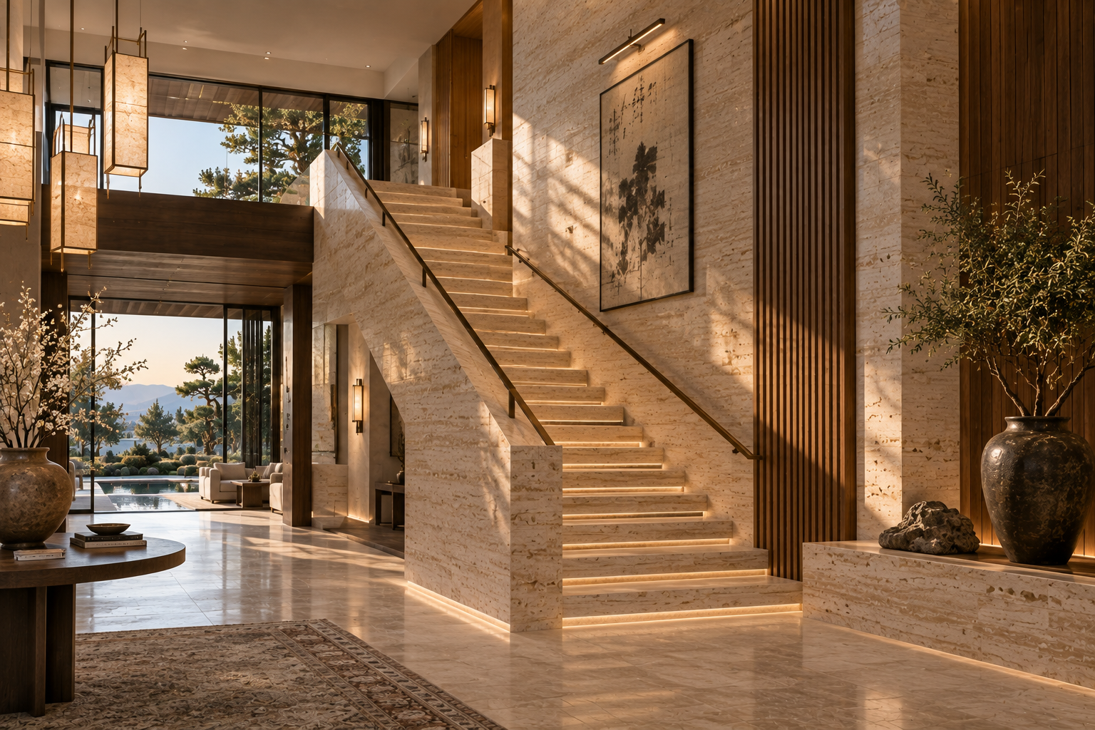 Travertine staircase installation in Vancouver and Los Angeles, featuring custom travertine treads, risers, stair nosing, landings, and precision stone fabrication by Mr. Marble & Stone.