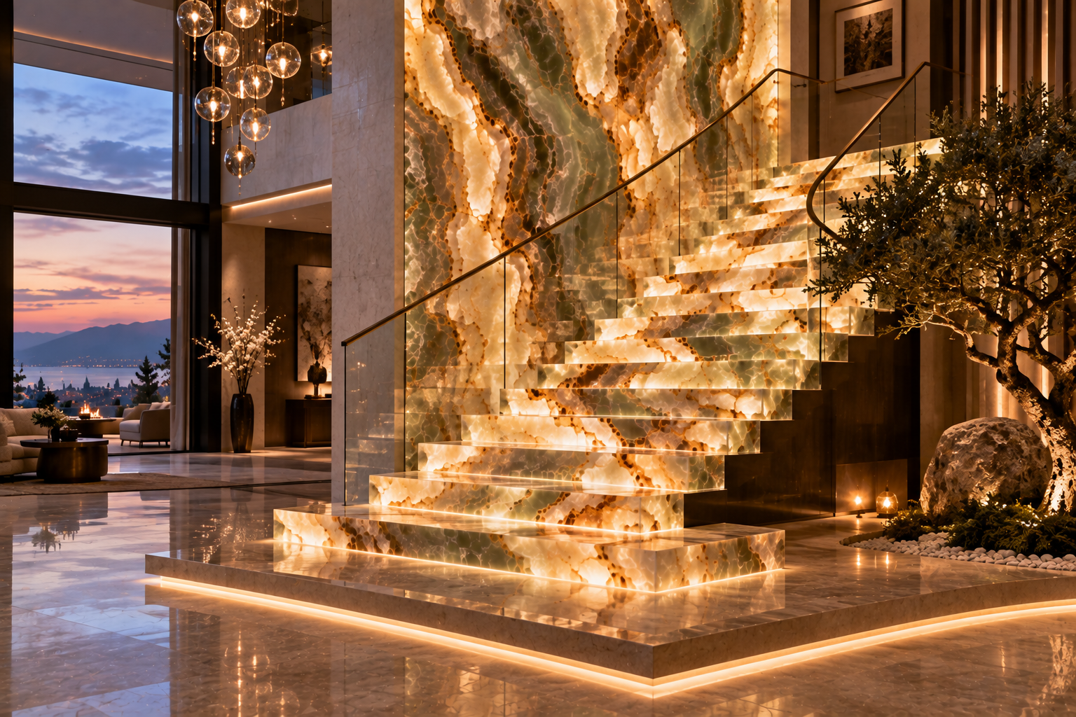 Mr. Marble and Stone onyx staircase installation in Vancouver and Los Angeles, featuring dramatic veining and a luxurious polished finish.