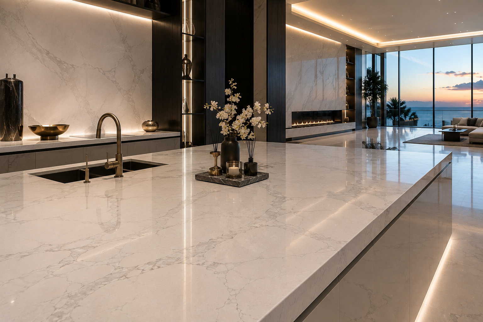 Luxury quartz maintenance and care in a modern mega-mansion kitchen by Mr. Marble and Stone, serving Vancouver and Los Angeles.