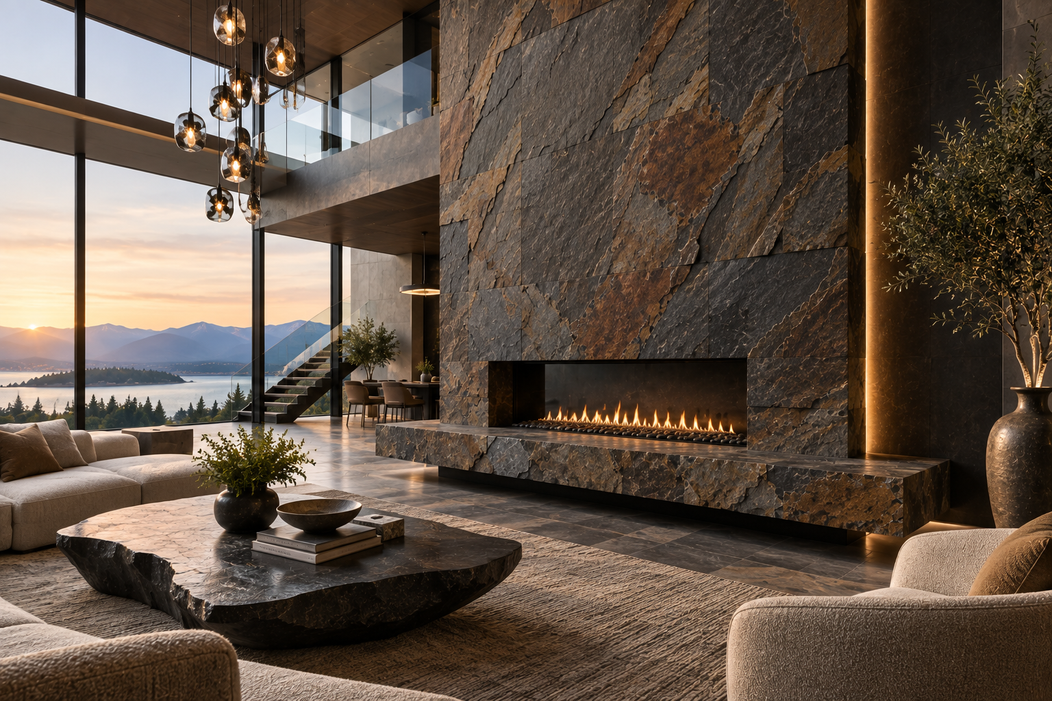 Slate fireplace installation by Mr. Marble & Stone in Vancouver and Los Angeles, featuring premium slate stone, precision installation, custom detailing, and luxurious natural stone finishes for sophisticated interiors.