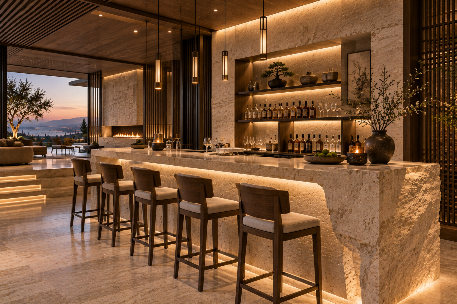 Limestone bar installation by Mr. Marble & Stone in Vancouver and Los Angeles, featuring custom natural limestone bar surfaces, precision stone fabrication, and a refined luxury finish.