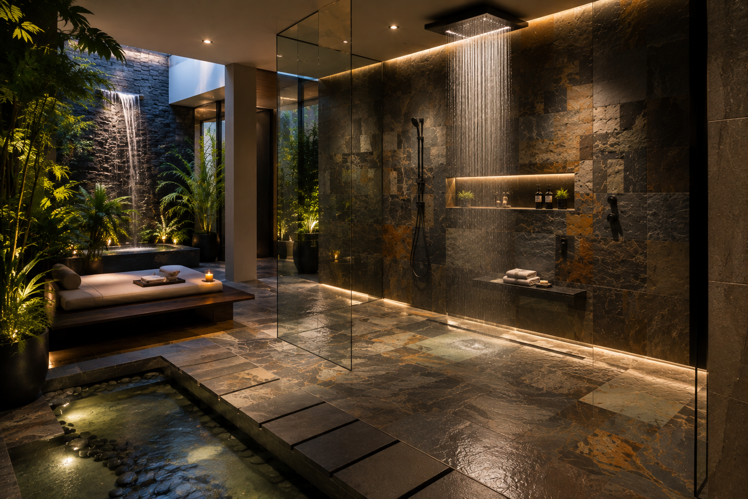 Luxury slate shower sealing by Mr. Marble and Stone, helping protect natural slate shower surfaces from moisture, water exposure, and everyday use in Vancouver and Los Angeles.