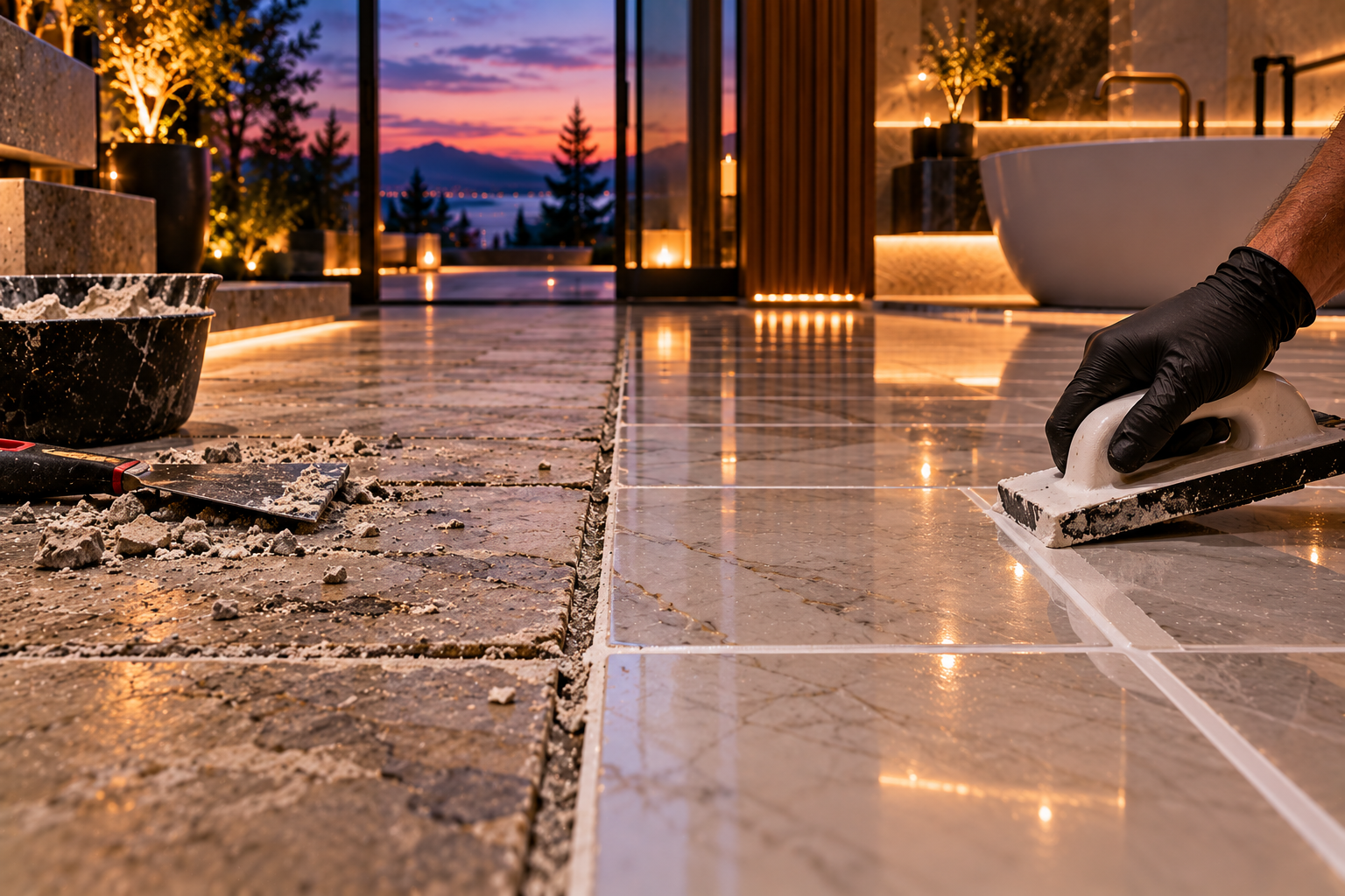 Mr. Marble and Stone grout replacement in Vancouver and Los Angeles, removing failed grout and installing fresh, durable joints for bathrooms, showers, kitchens, floors, and other tile and stone surfaces.