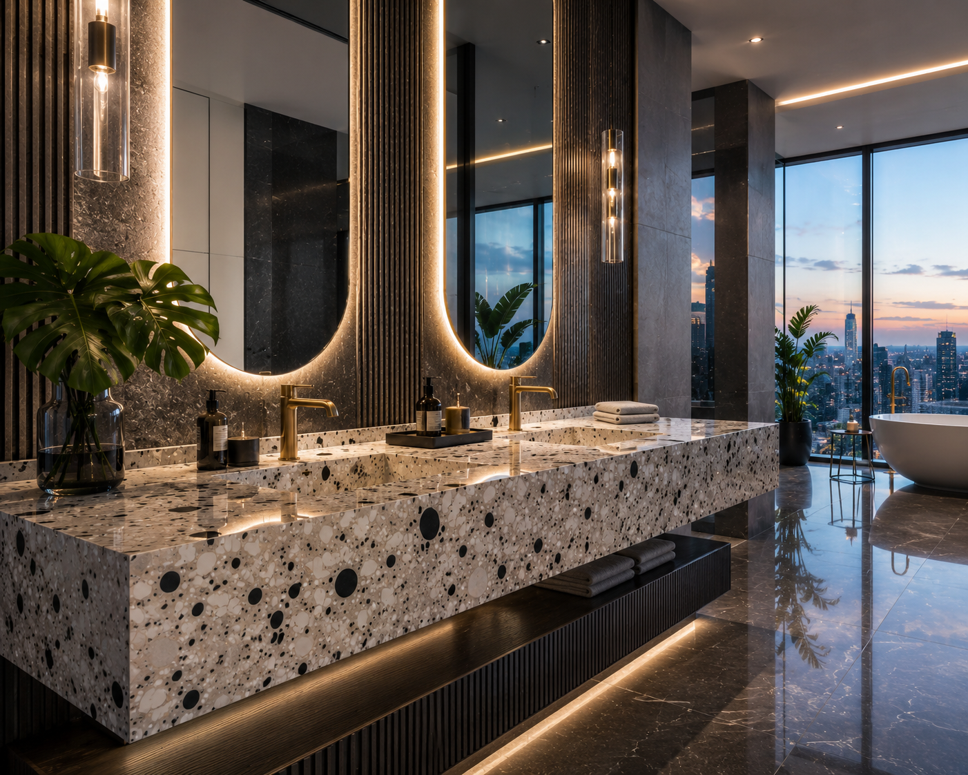 Terrazzo vanity polishing, terrazzo vanity cleaning, terrazzo vanity sealing, and terrazzo vanity restoration by Mr. Marble and Stone in Vancouver and Los Angeles.