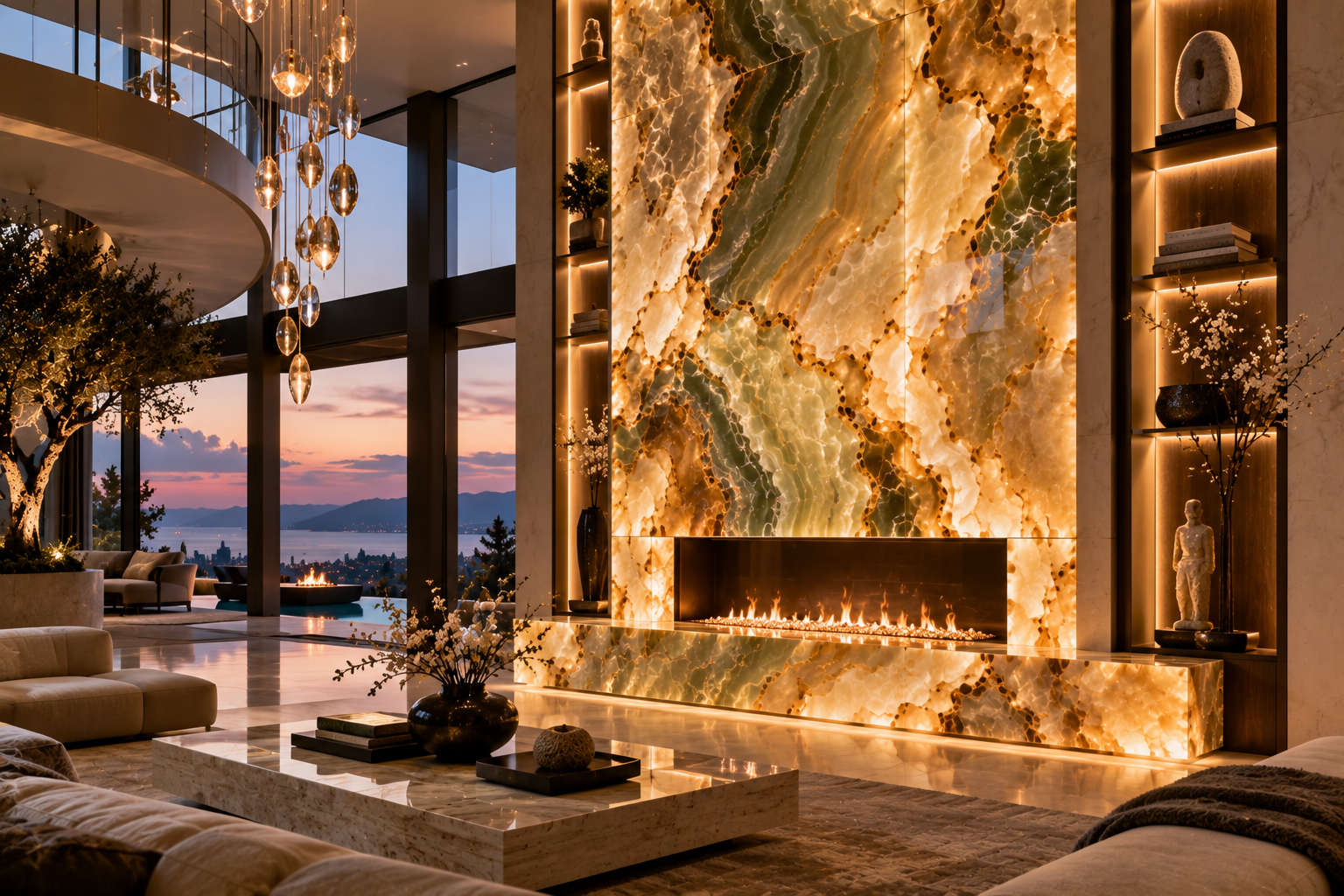 Mr. Marble and Stone onyx fireplace installation in Vancouver and Los Angeles, featuring dramatic natural veining and a luxurious polished finish.