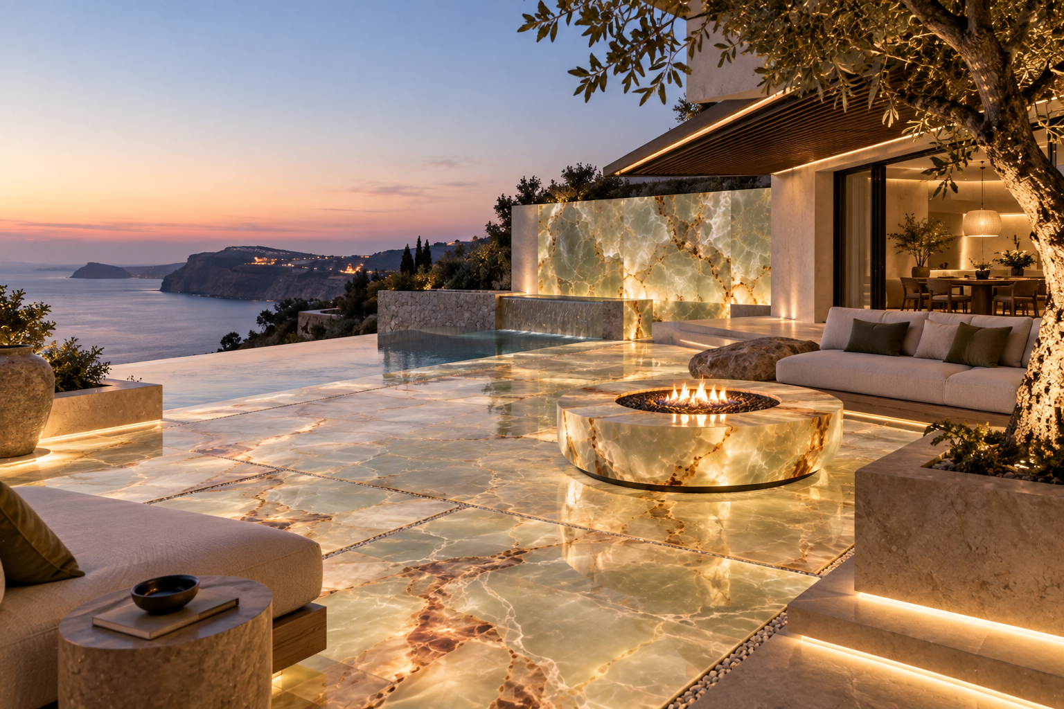 Mr. Marble and Stone onyx patio installation in Vancouver and Los Angeles, creating an elegant outdoor surface with translucent depth, unique mineral patterns, and distinctive natural character.