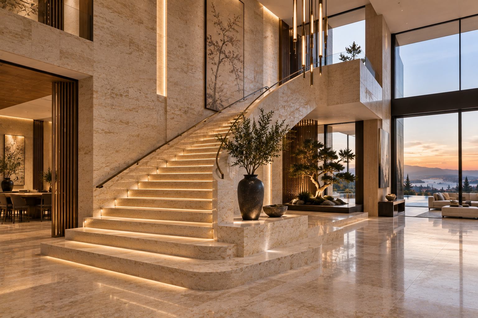Limestone staircase installation by Mr. Marble & Stone in Vancouver and Los Angeles, featuring custom natural limestone stairs, precision stonework, and an elegant architectural finish.