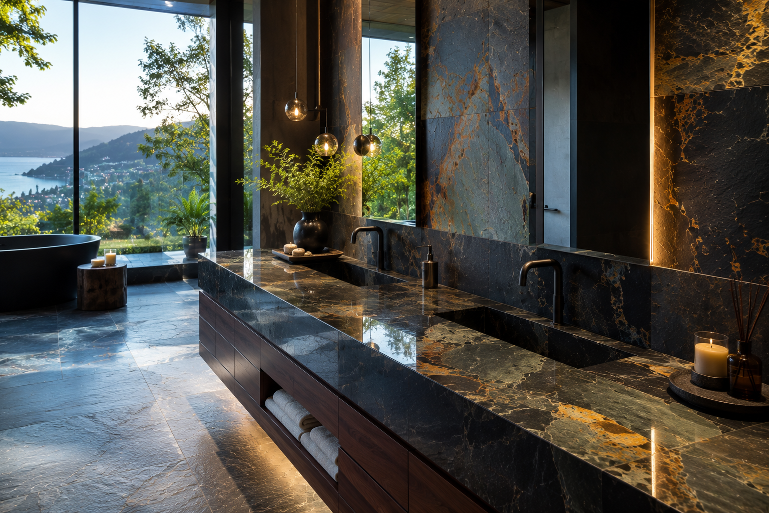 Luxury slate vanity polishing by Mr. Marble and Stone, enhancing the natural colour, depth, and refined finish of slate vanity surfaces in Vancouver and Los Angeles.