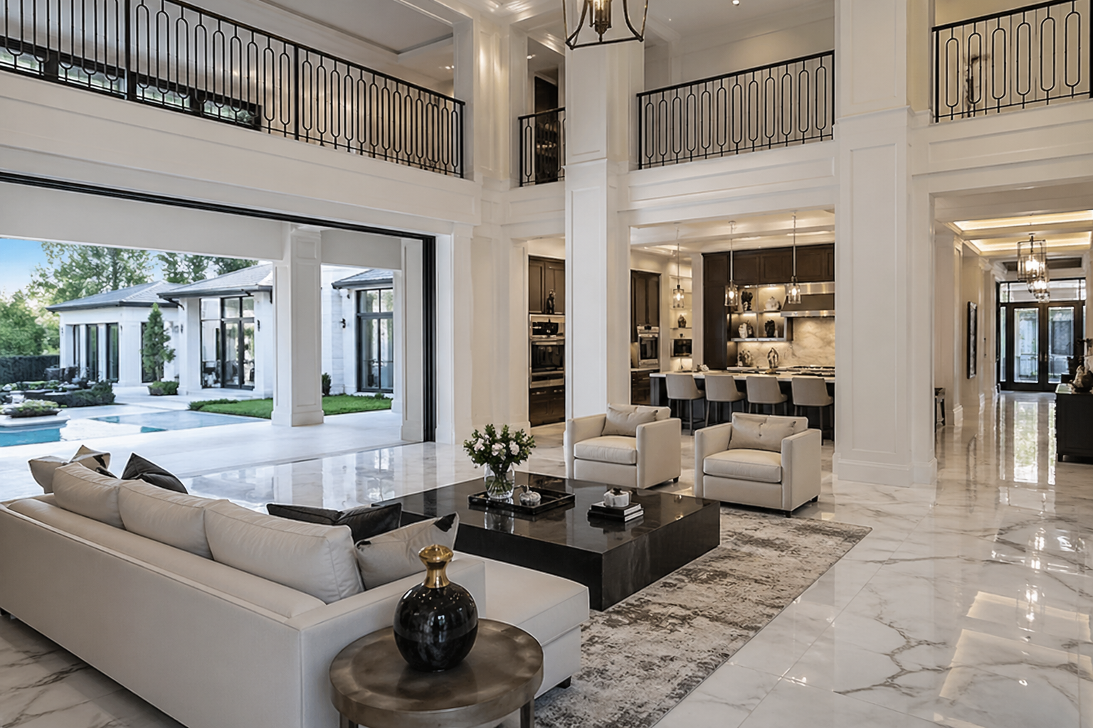 Ultra-luxury full home renovation featuring open-concept living, custom millwork, marble finishes, and high-end modern remodeling in a bright mansion interior in Vancouver