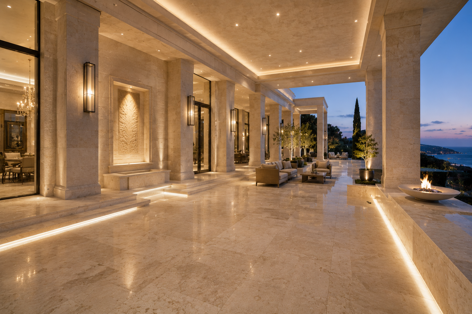 Luxury limestone maintenance and care in a modern limestone-clad mansion featuring natural limestone floors, walls, and architectural details. Professional limestone maintenance by Mr. Marble and Stone in Vancouver, BC and Los Angeles, CA.
