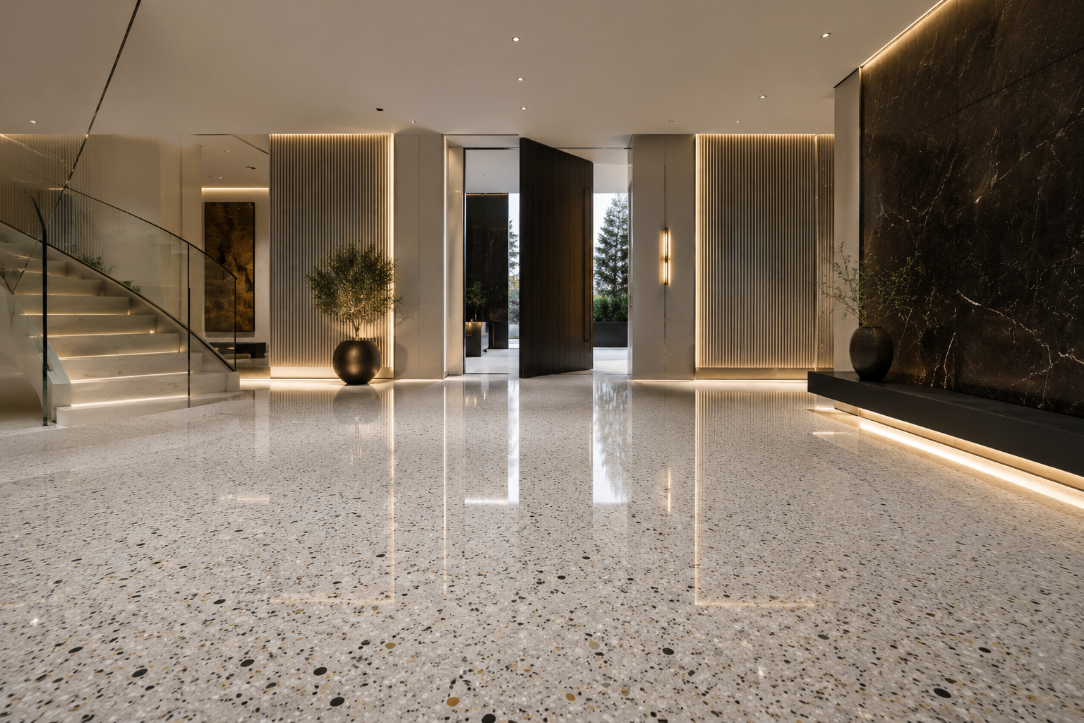 Terrazzo floor restoration by Mr. Marble and Stone, serving Vancouver and Los Angeles.