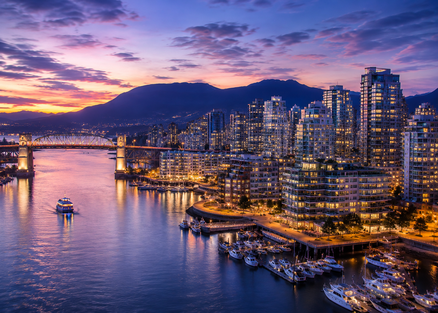 Luxury Vancouver, British Columbia skyline and waterfront at twilight, showcasing modern architecture, mountains, and scenic city views for Mr. Marble and Stone.