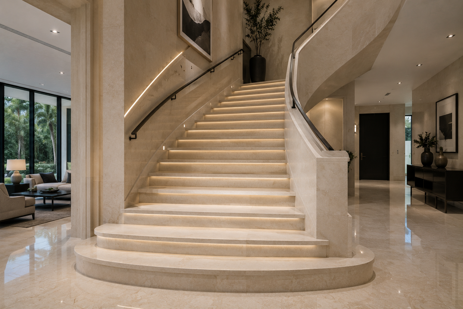 Luxury limestone staircase and step restoration in a modern mansion foyer featuring restored natural limestone stairs. Professional limestone restoration by Mr. Marble and Stone in Vancouver, BC and Los Angeles, CA.