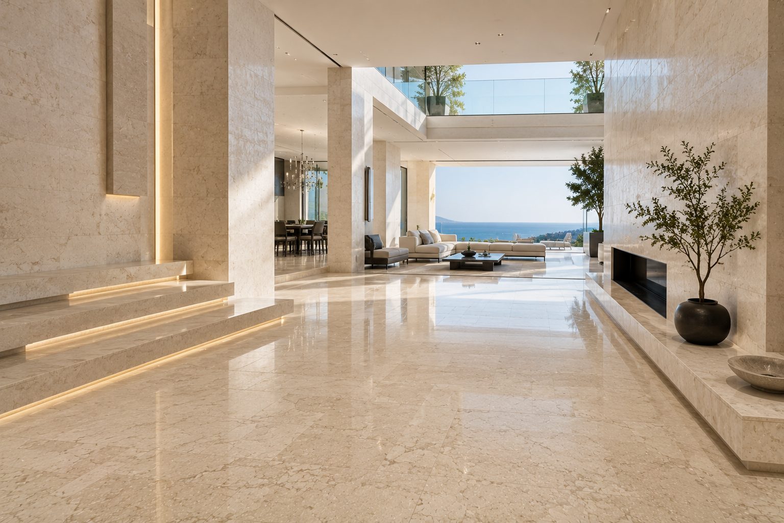 Luxury limestone sealing in a modern limestone mansion. Professional natural stone sealing by Mr. Marble and Stone in Vancouver, BC and Los Angeles, CA.