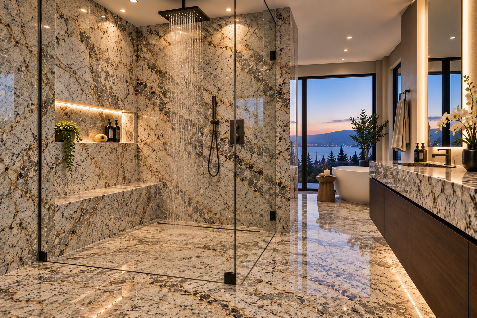 Mr. Marble and Stone granite shower installation in Vancouver and Los Angeles, specializing in custom granite shower walls, granite shower floors, granite benches, and precision granite installation.