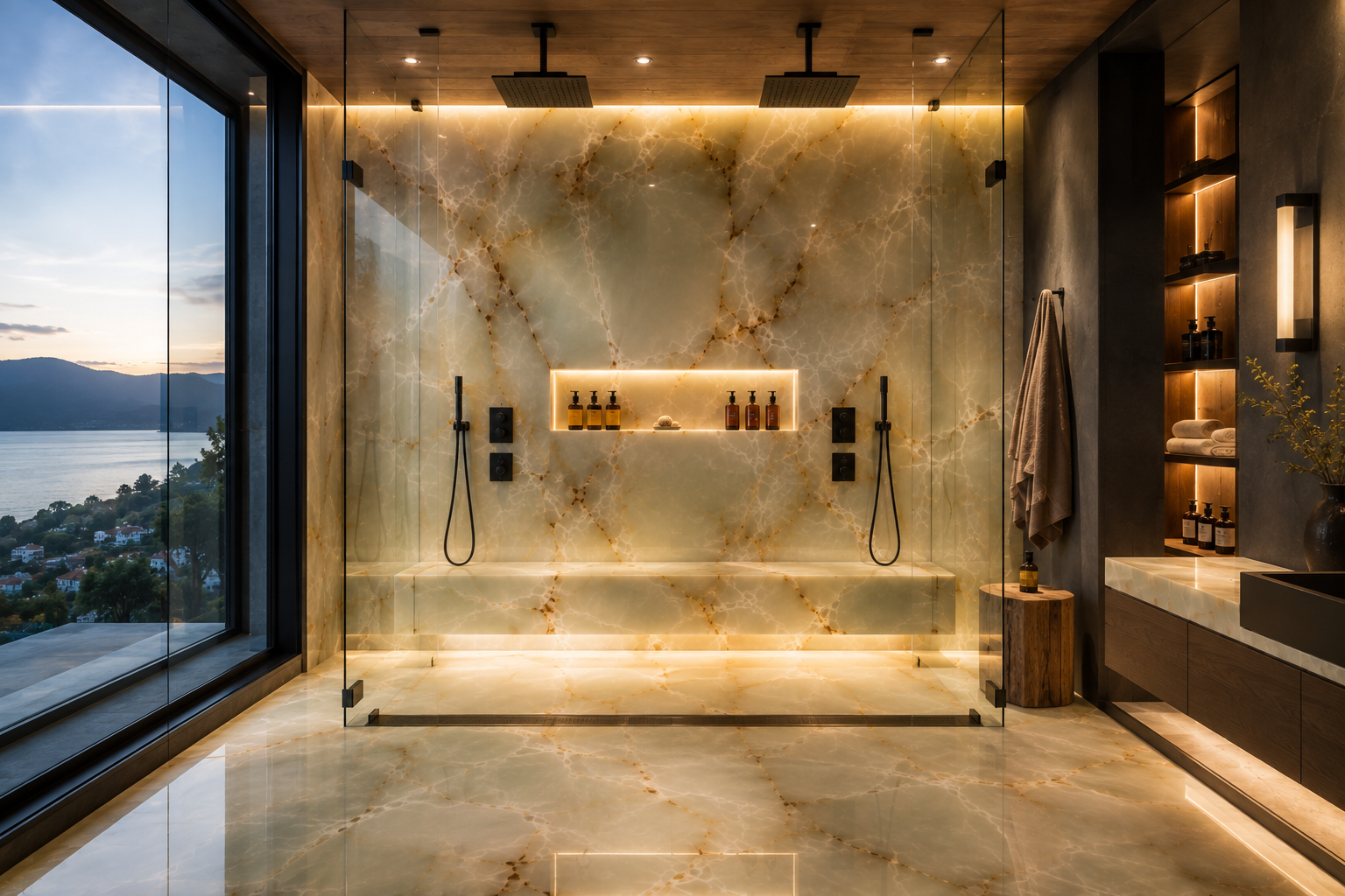 Professional onyx shower sealing and stone protection by Mr. Marble and Stone in Vancouver and Los Angeles.