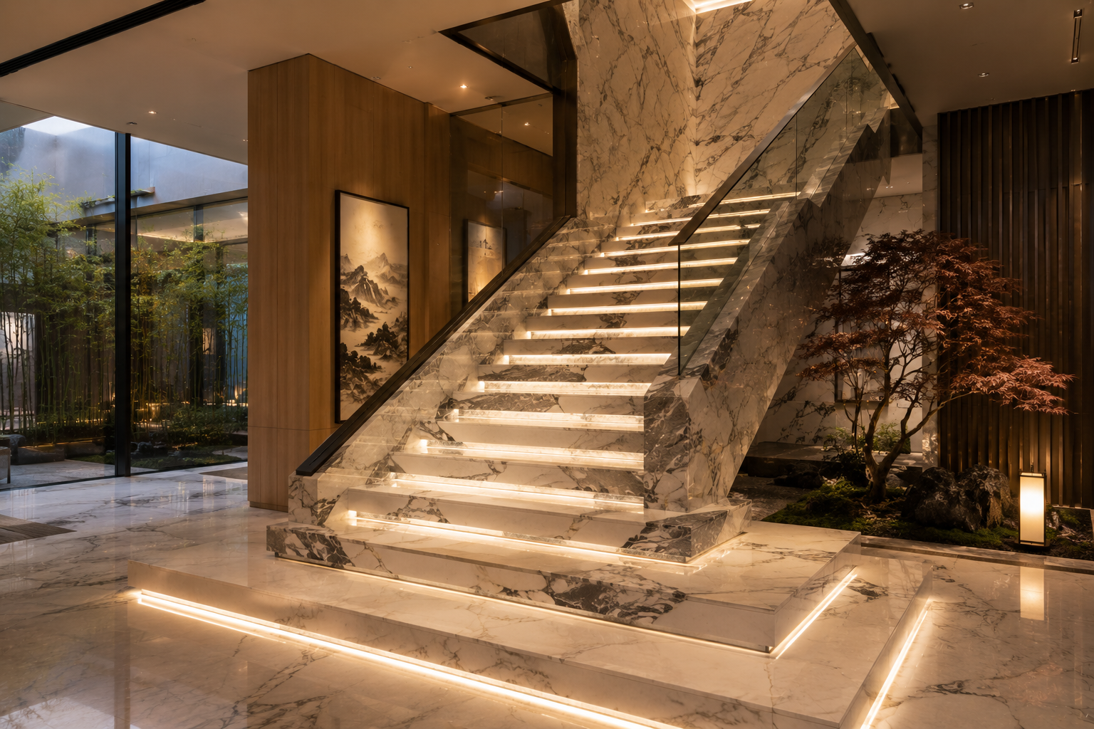 Luxury marble staircase installation by Mr. Marble and Stone in Vancouver and Los Angeles, featuring custom marble stair treads, precision stone fabrication, elegant detailing, and expert installation.