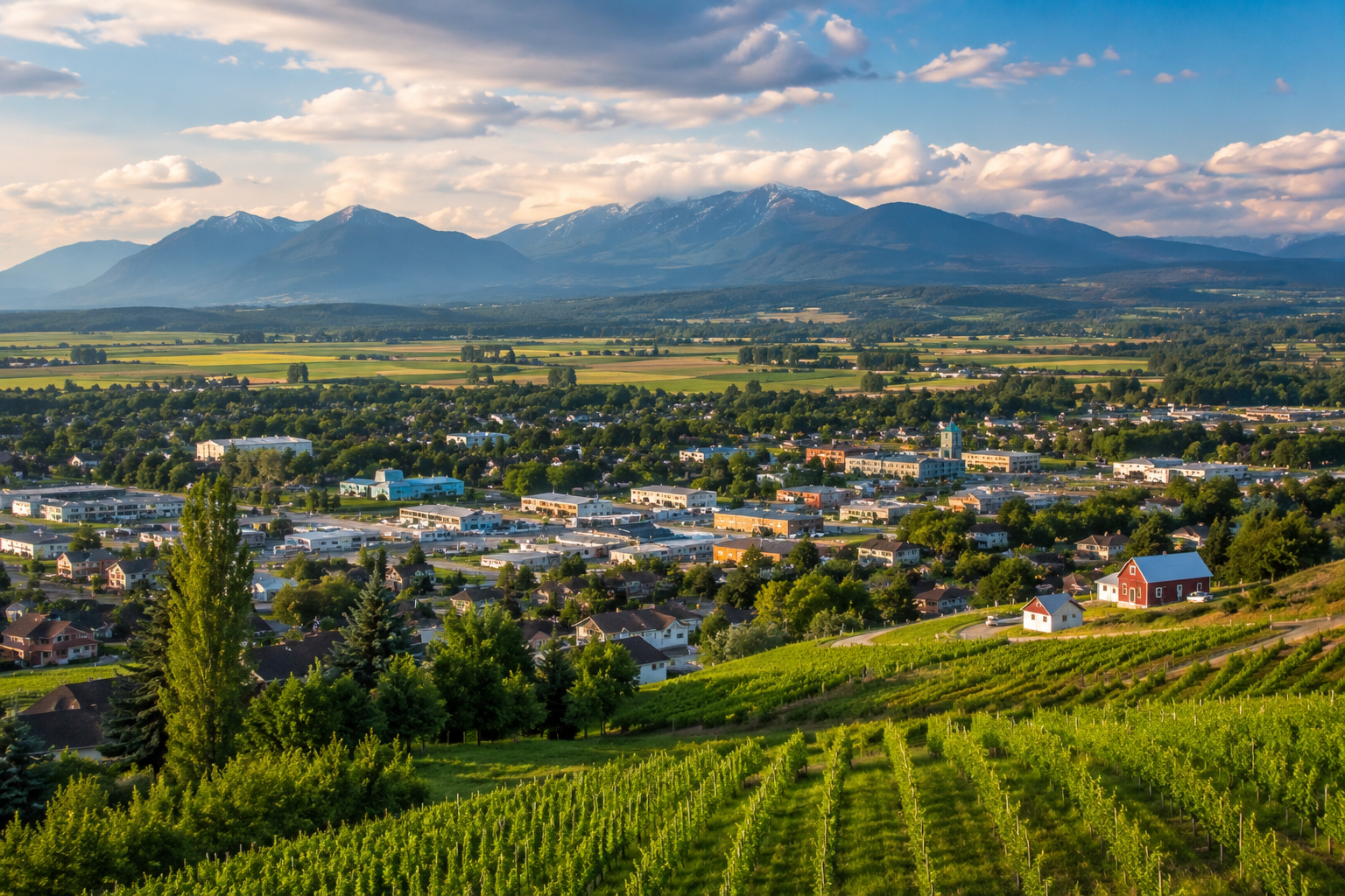 Fraser Valley, British Columbia with expansive farmland, lush green landscapes, rolling hills, and dramatic mountain views, representing Mr. Marble and Stone’s Fraser Valley service area.