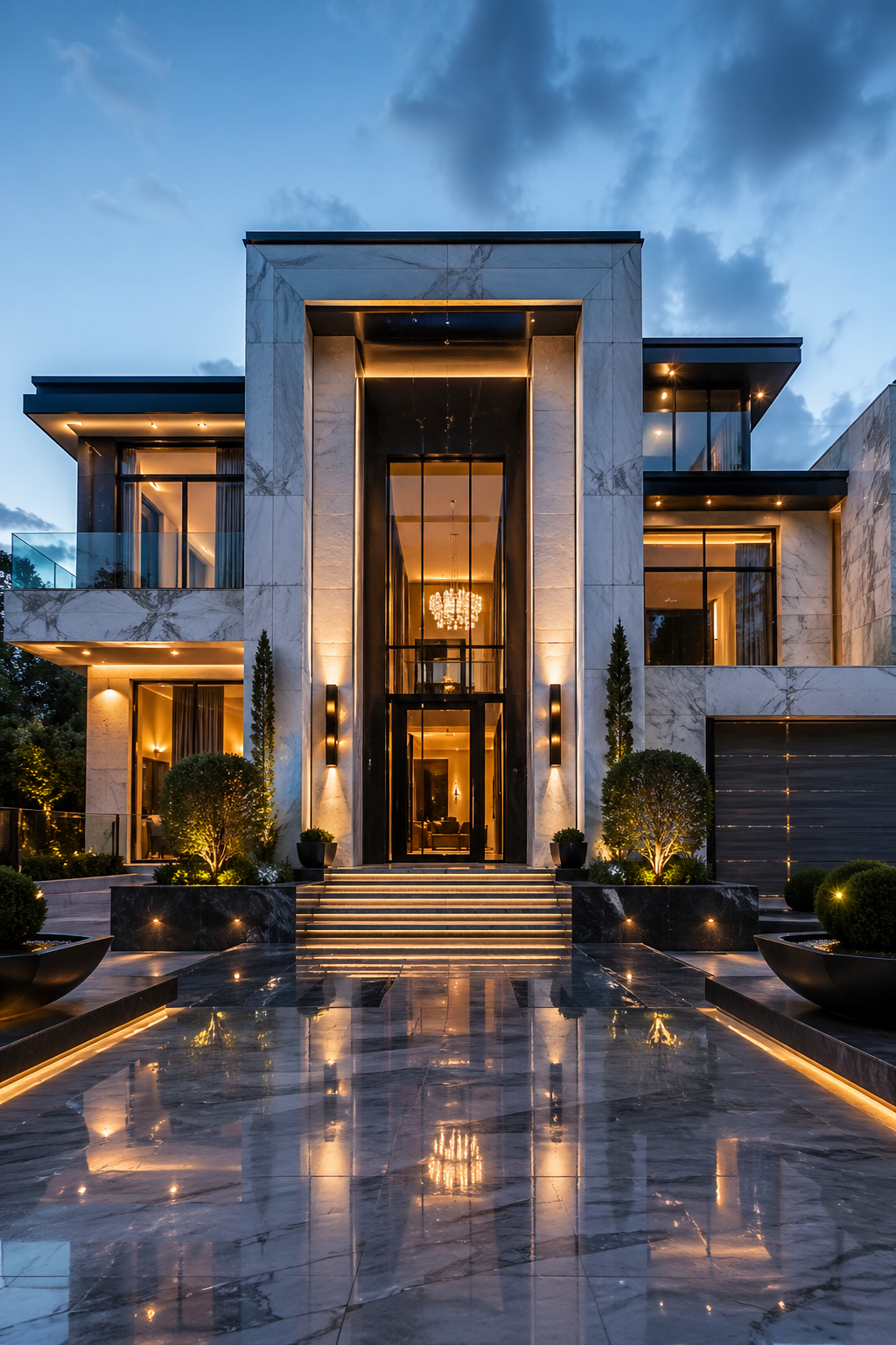 Modern house with a marble facade, illuminated entrance, symmetrical stairs, and landscaped garden at dusk by Mr. Marble and Stone, showcasing natural stone restoration, marble polishing, and stone restoration services in Vancouver and Los Angeles.
