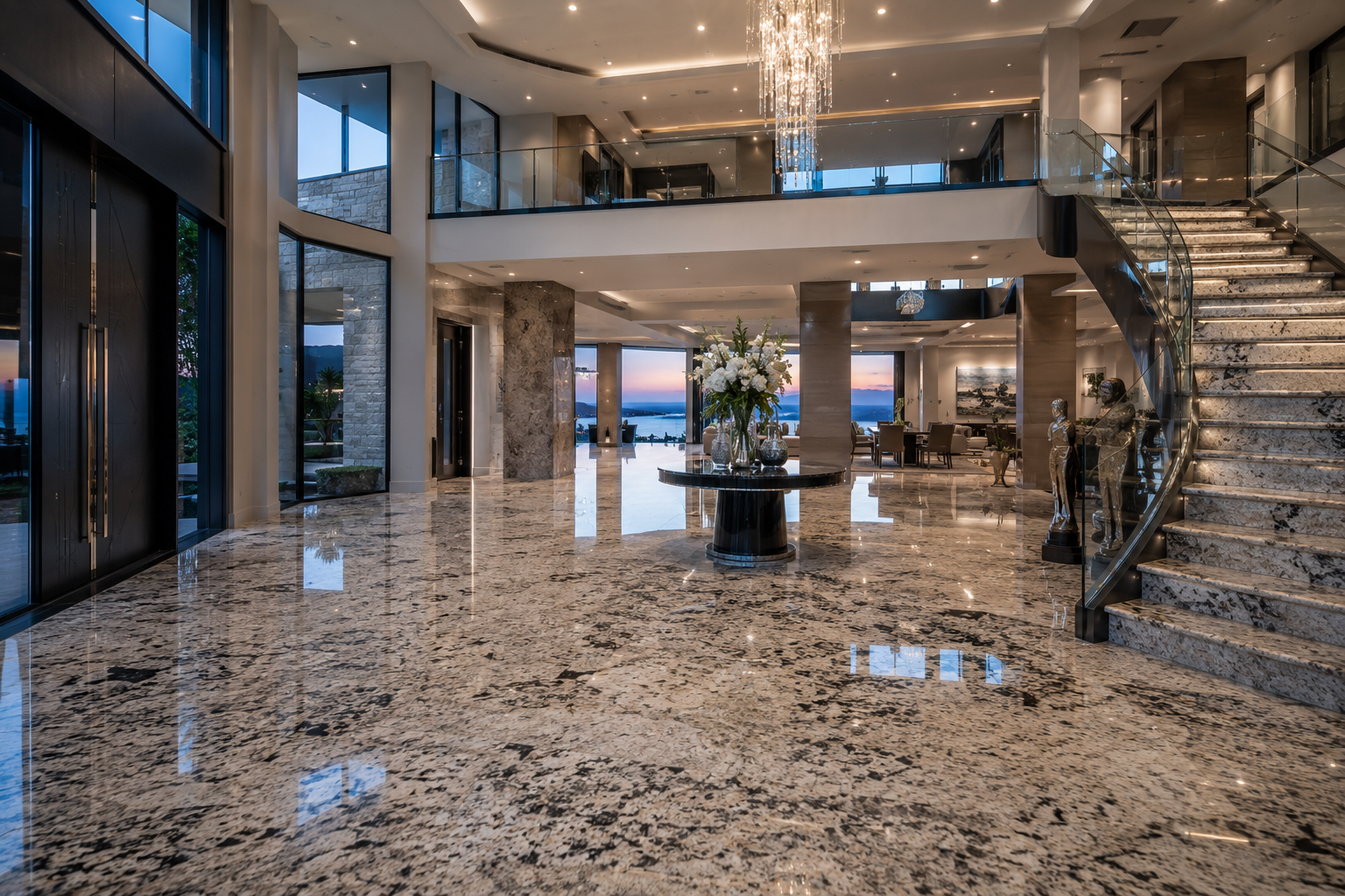 Ultra-luxury modern mega mansion foyer featuring extensive granite flooring, grand granite staircase, polished granite surfaces, and panoramic views, professionally restored by Mr. Marble and Stone in Vancouver and Los Angeles.