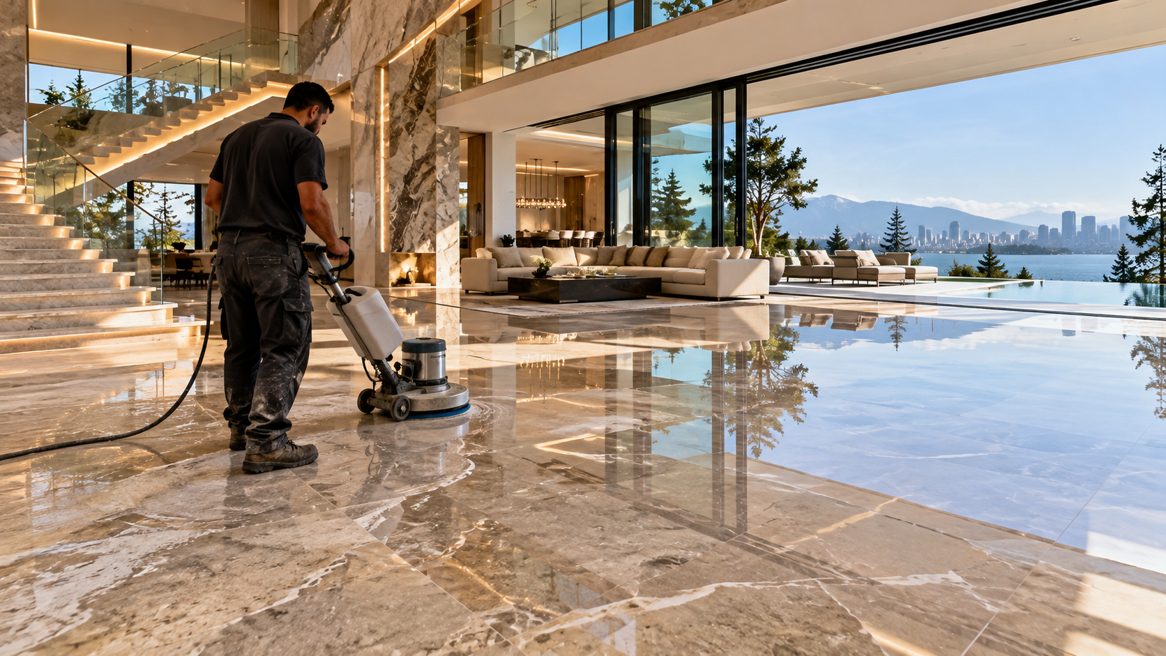 Stone restoration in Vancouver and Los Angeles, including professional marble, granite, travertine, limestone, quartzite, and other natural and engineered stone restoration to repair damage, remove scratches, restore shine, and renew stone surfaces.