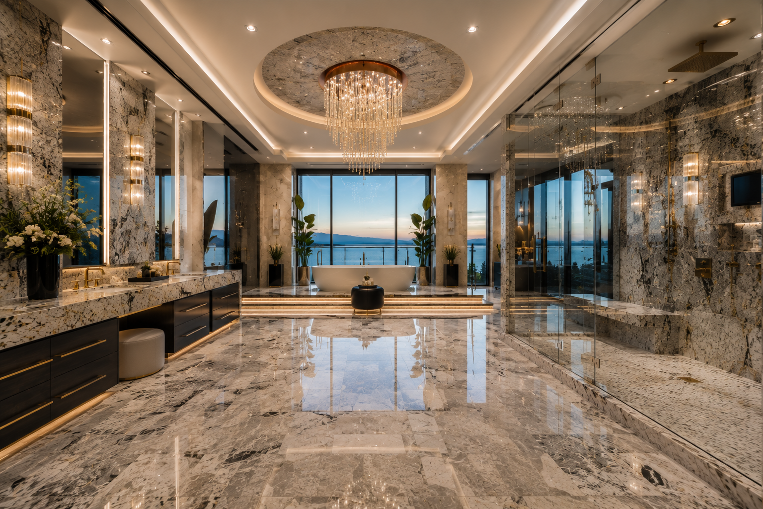Luxury granite shower polishing with polished White Ice granite shower walls, granite flooring, and granite countertops in a modern mansion bathroom with spa-inspired finishes.