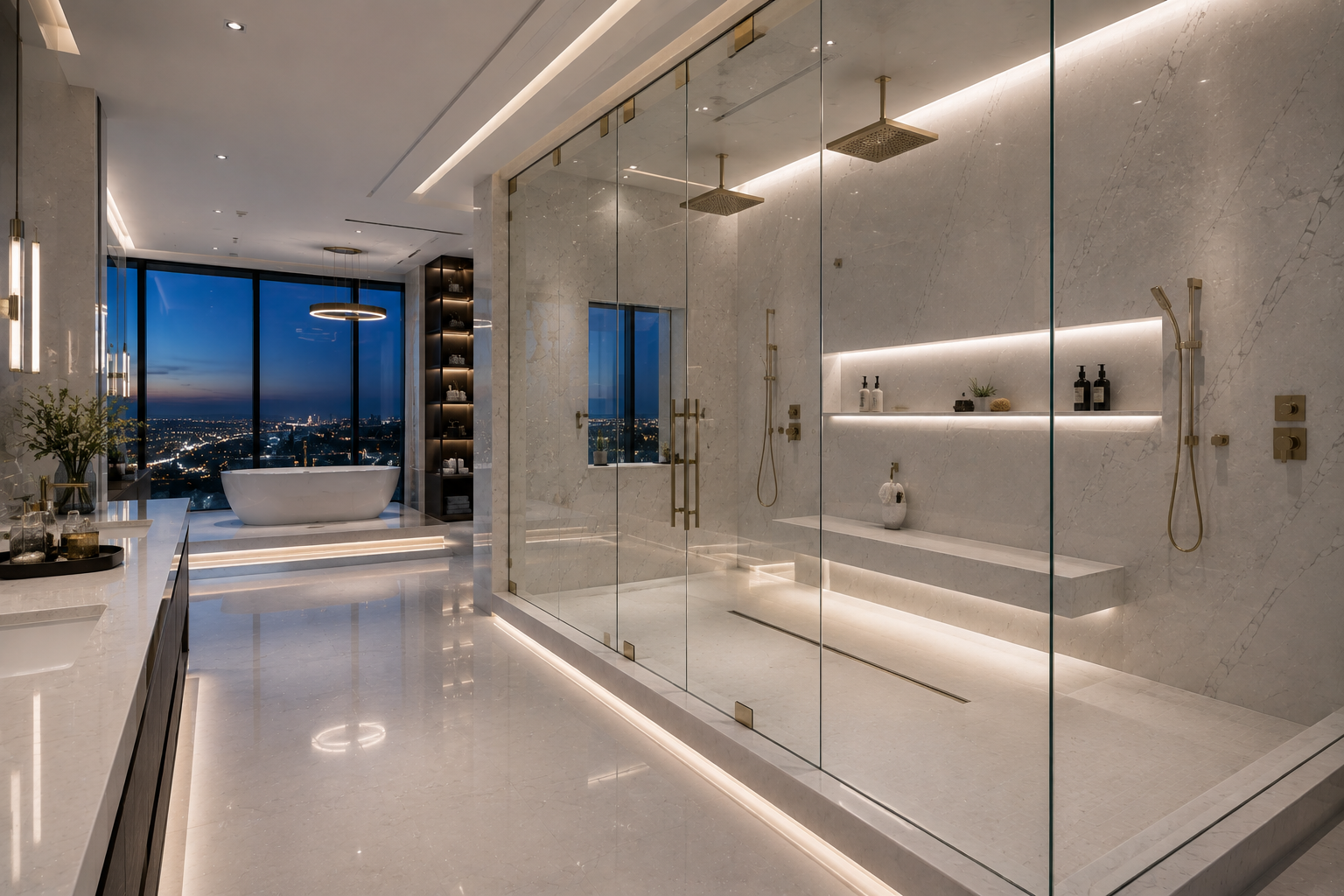 Mr. Marble and Stone quartz shower restoration in a super-luxury modern mega mansion in Los Angeles, California and Vancouver, British Columbia.