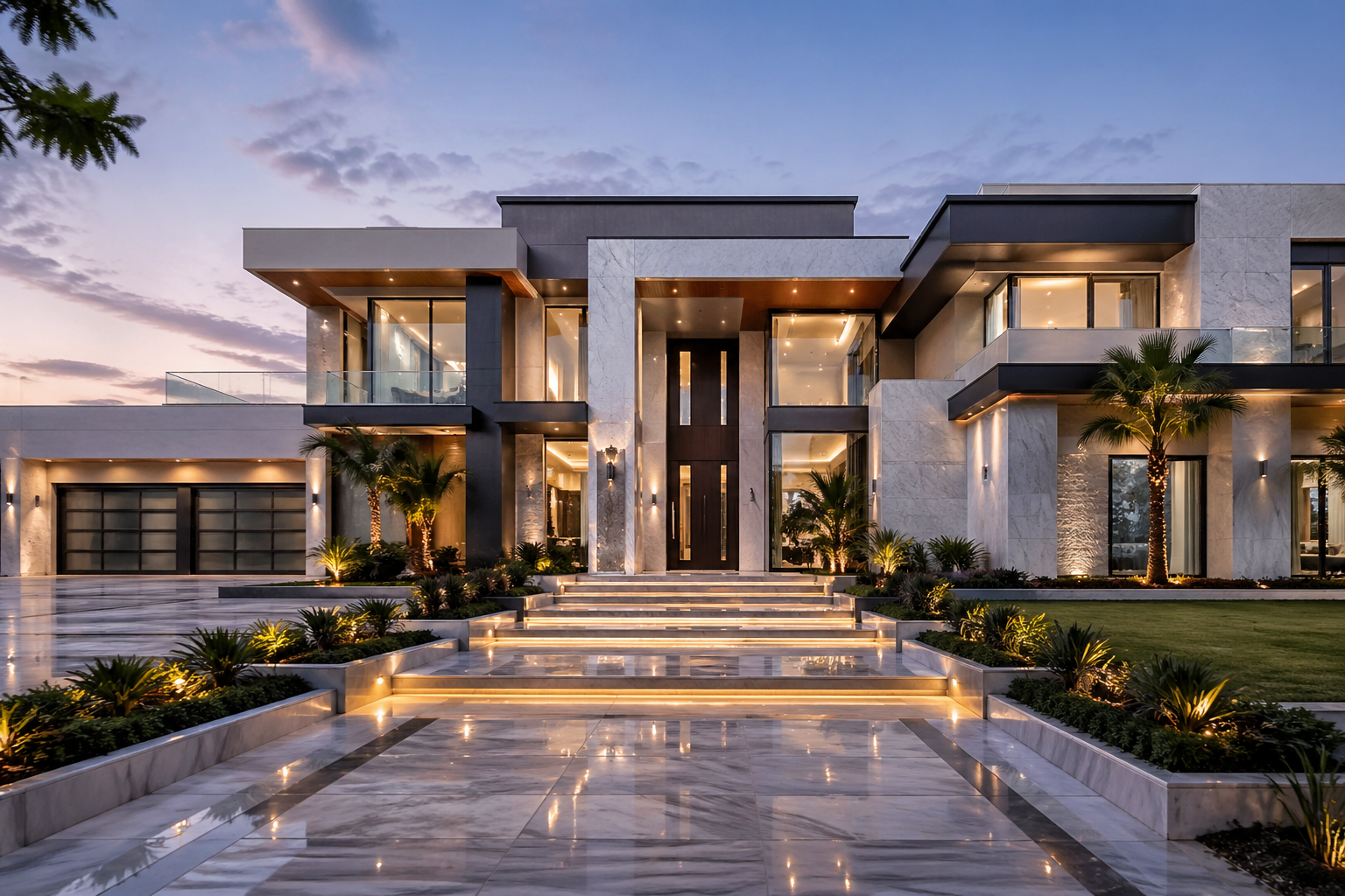 Luxury modern home with a marble staircase and illuminated glass windows at sunset by Mr. Marble and Stone, showcasing marble polishing, natural stone restoration, and stone refinishing in Vancouver and Los Angeles.