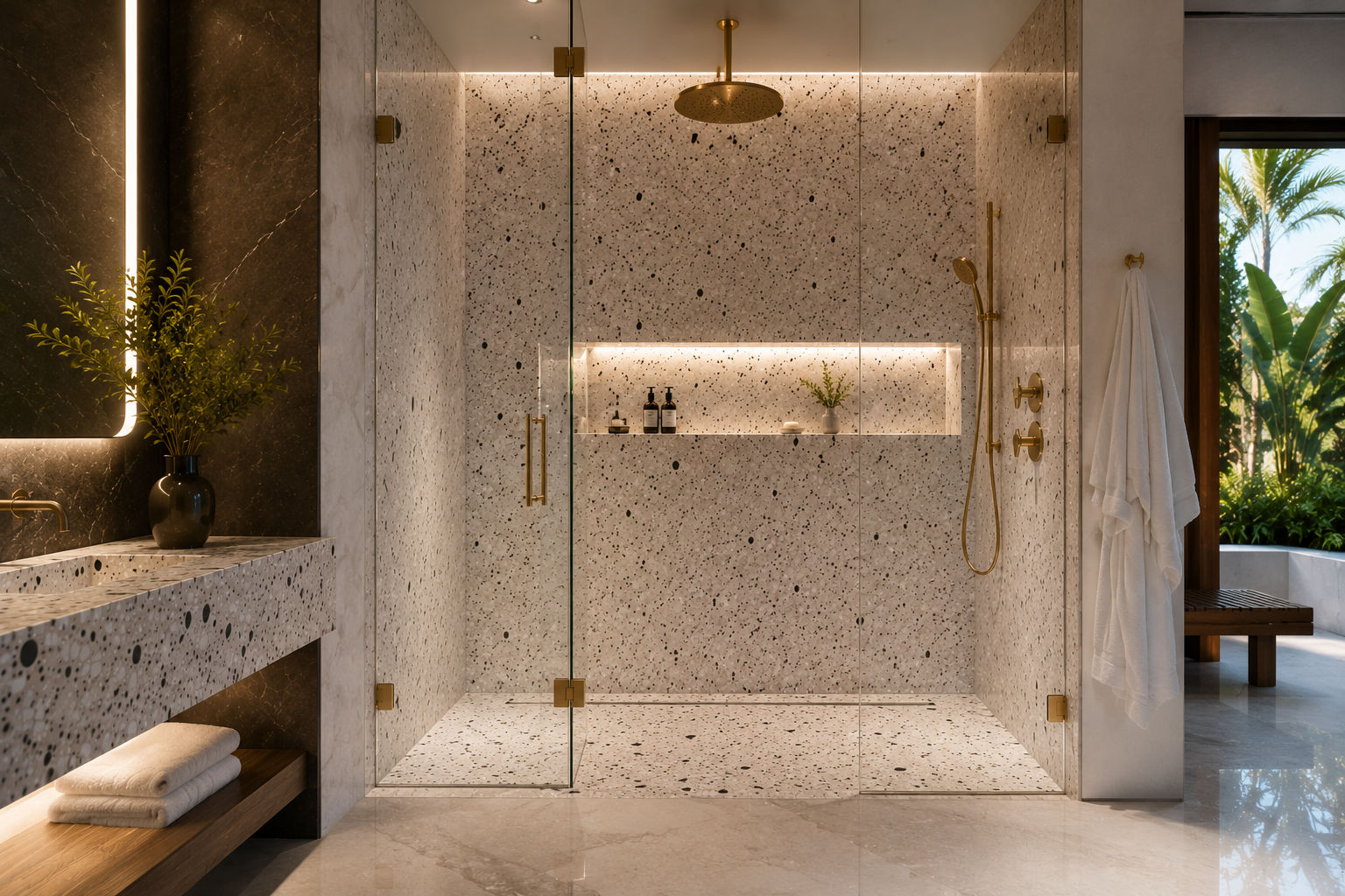 Terrazzo shower restoration, terrazzo shower polishing, terrazzo shower sealing, and terrazzo grout restoration by Mr. Marble and Stone in Vancouver and Los Angeles.