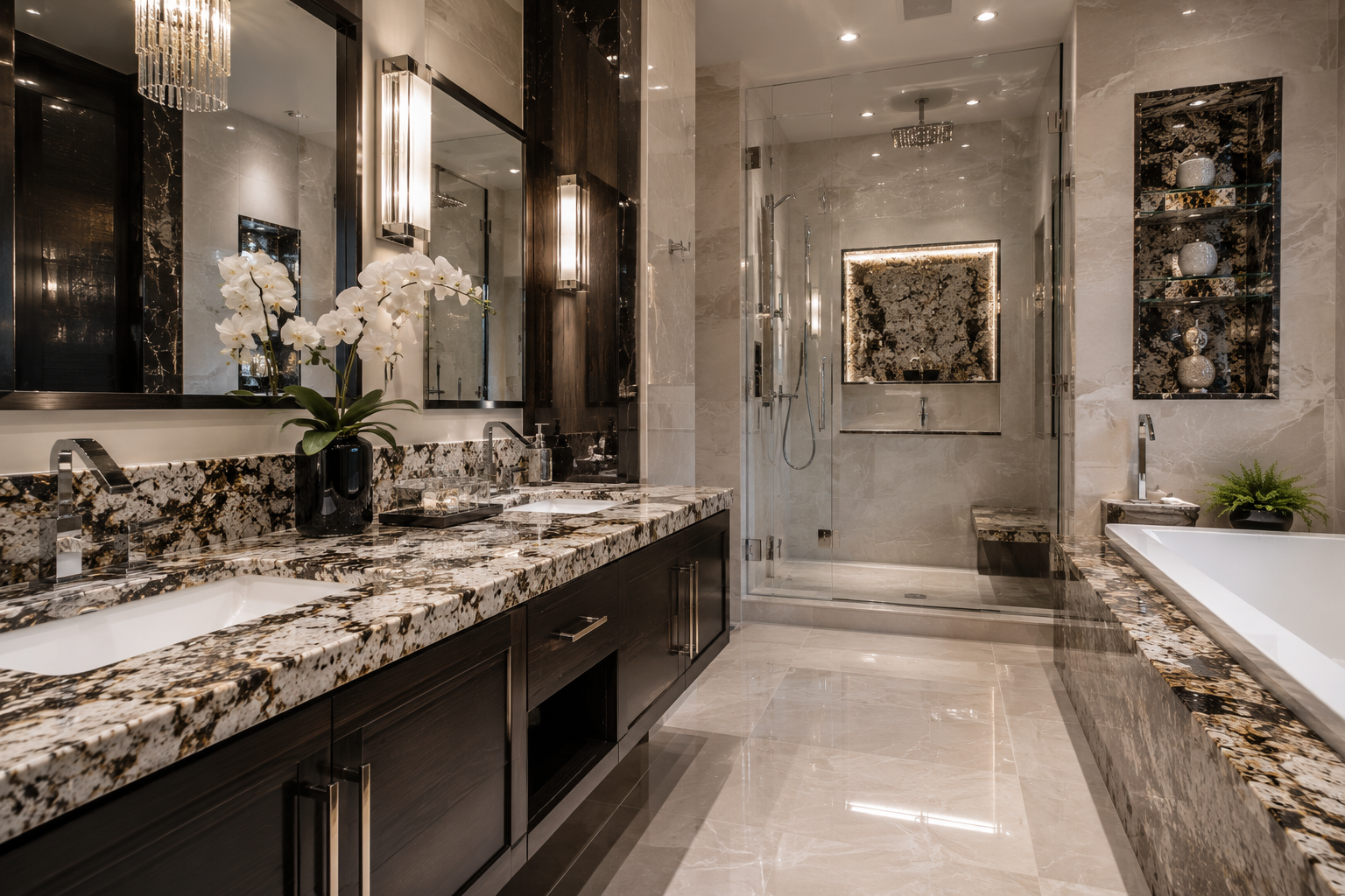 Restored natural granite bathroom featuring polished granite vanity countertops, granite tub surround, and granite shower accents with rich black, white, and gold veining in a luxury modern mansion bathroom.