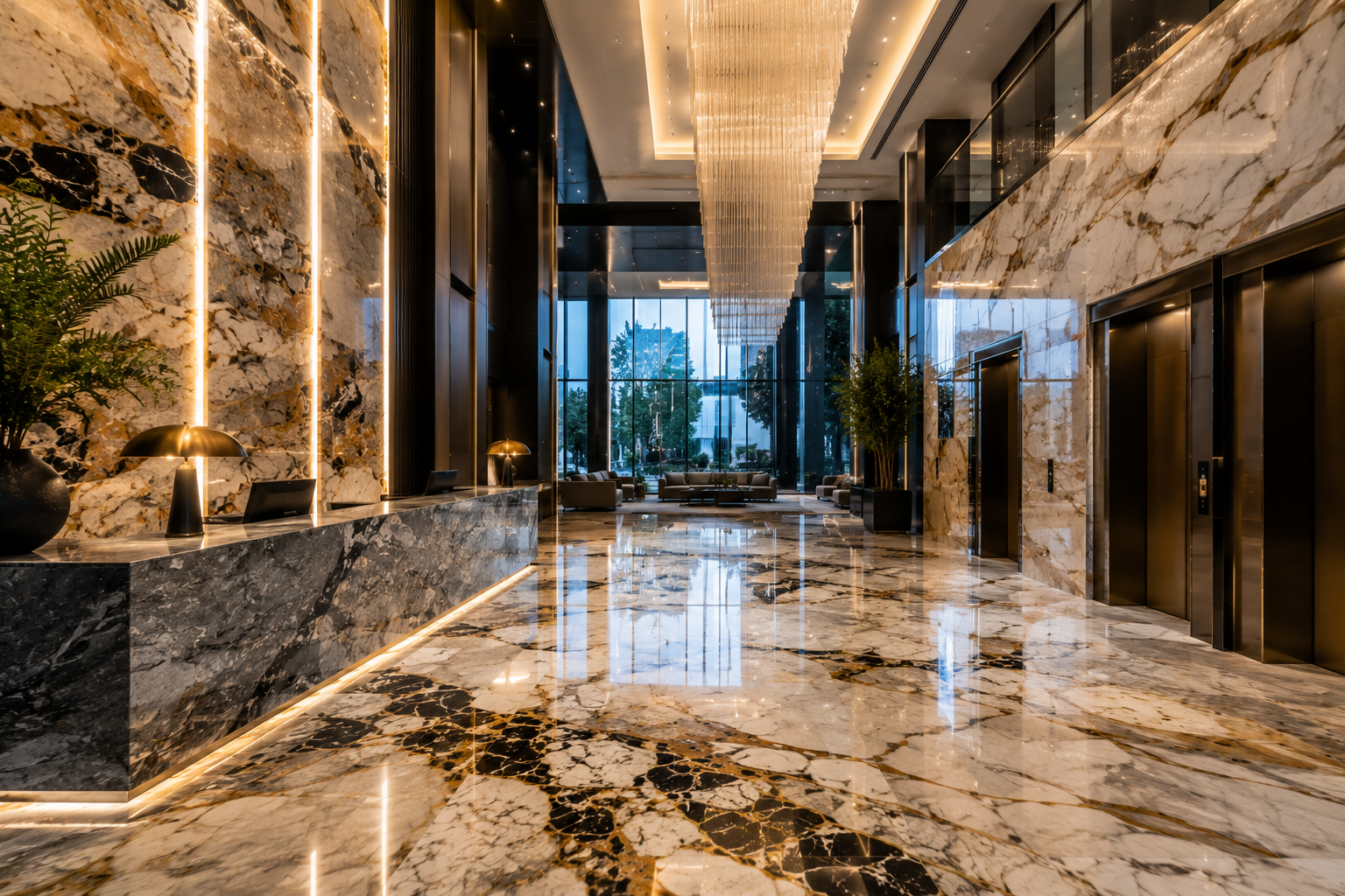 Commercial granite restoration in a luxury hotel lobby featuring polished Patagonia granite flooring, granite wall cladding, granite reception desk, and professionally restored natural stone surfaces with a modern high-end design.