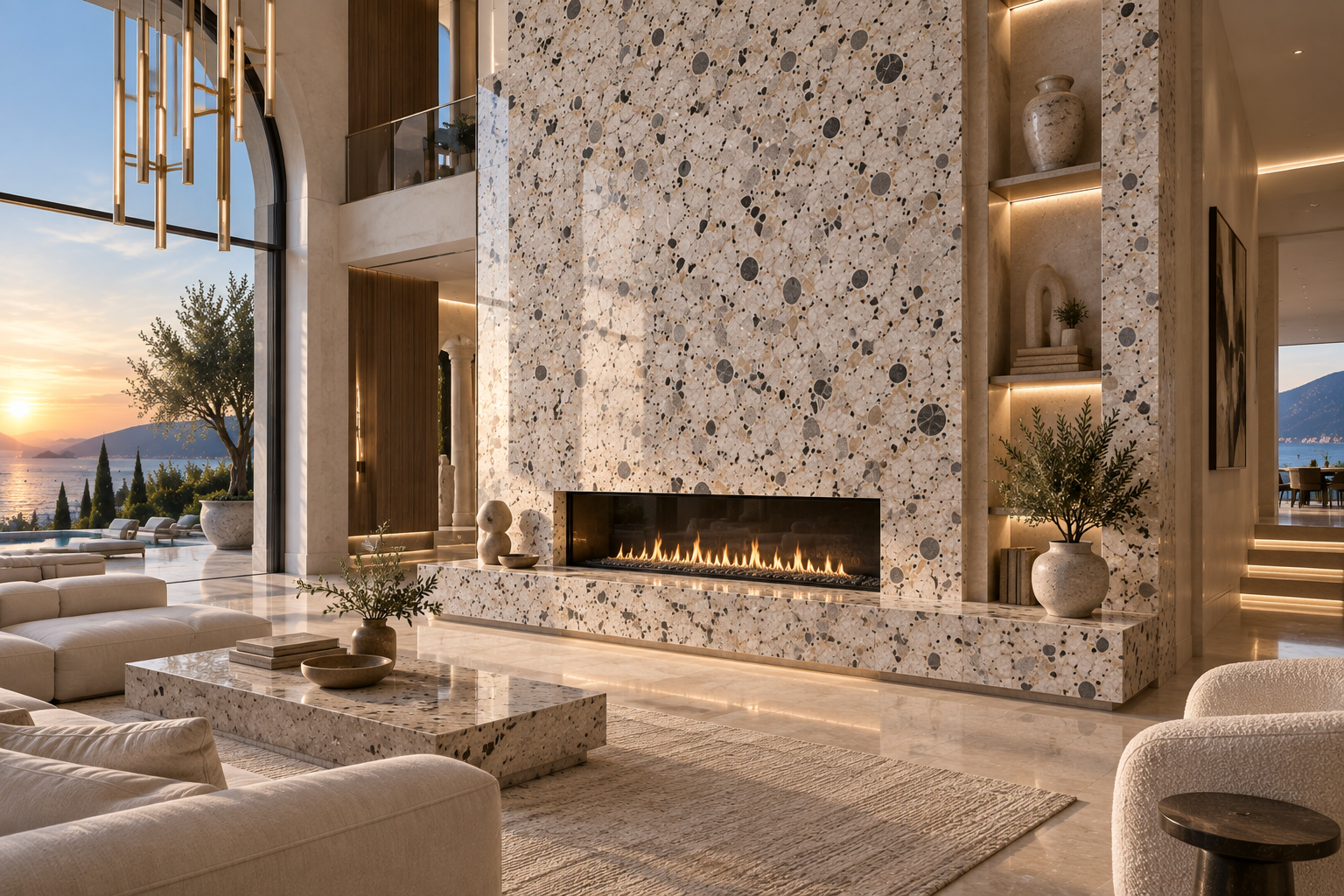 Custom terrazzo fireplace with marble aggregate and polished stone detailing by Mr. Marble and Stone in Vancouver and Los Angeles.